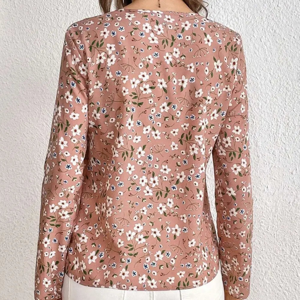 Pink Floral Casual Long Sleeved Print Folding Pleated Top
