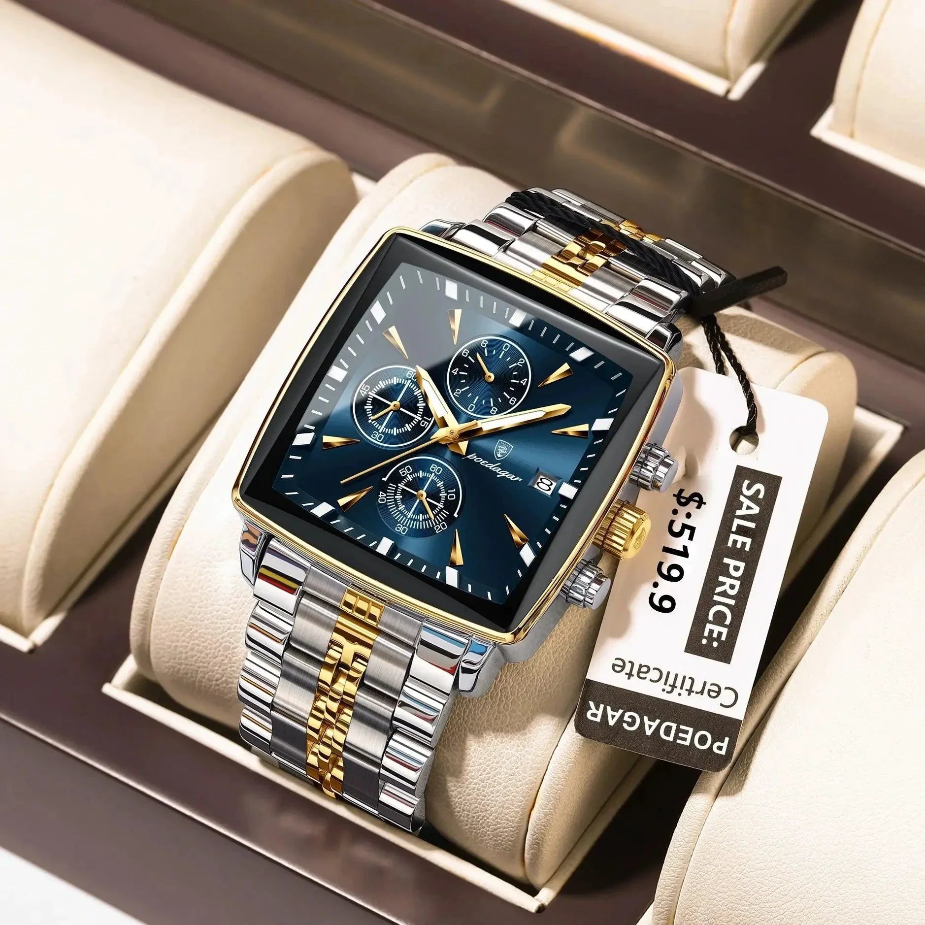 POEDAGAR Men's Square Chronograph Watch - Luminous Waterproof Stainless Steel Quartz Wristwatch - Overture Gifts