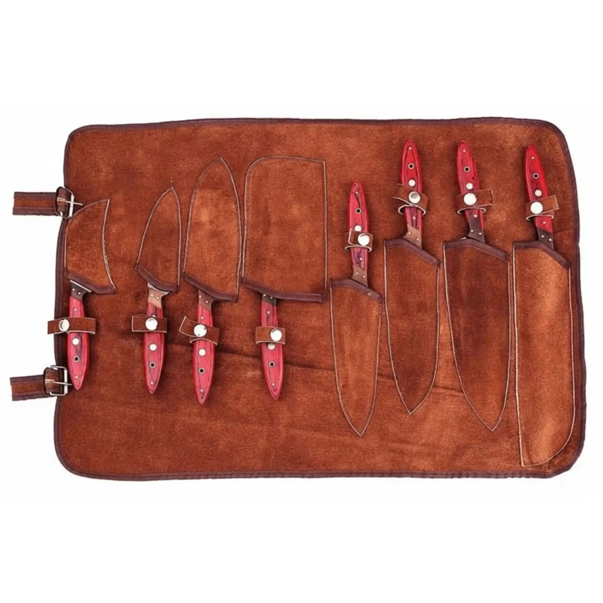8 Piece Damascus Knife Set with Red Pakka Handles and Leather Roll