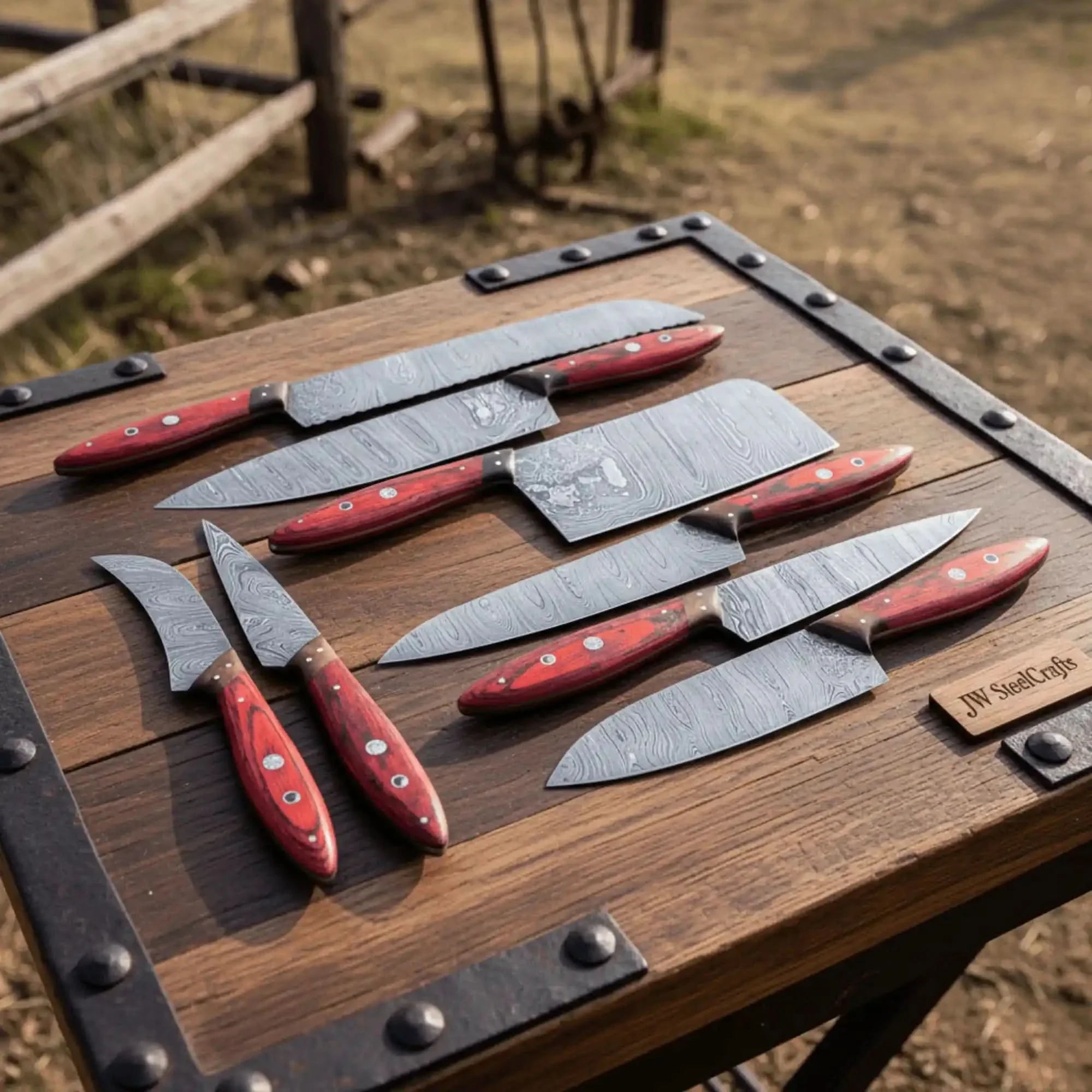 8 Piece Damascus Knife Set with Red Pakka Handles and Leather Roll