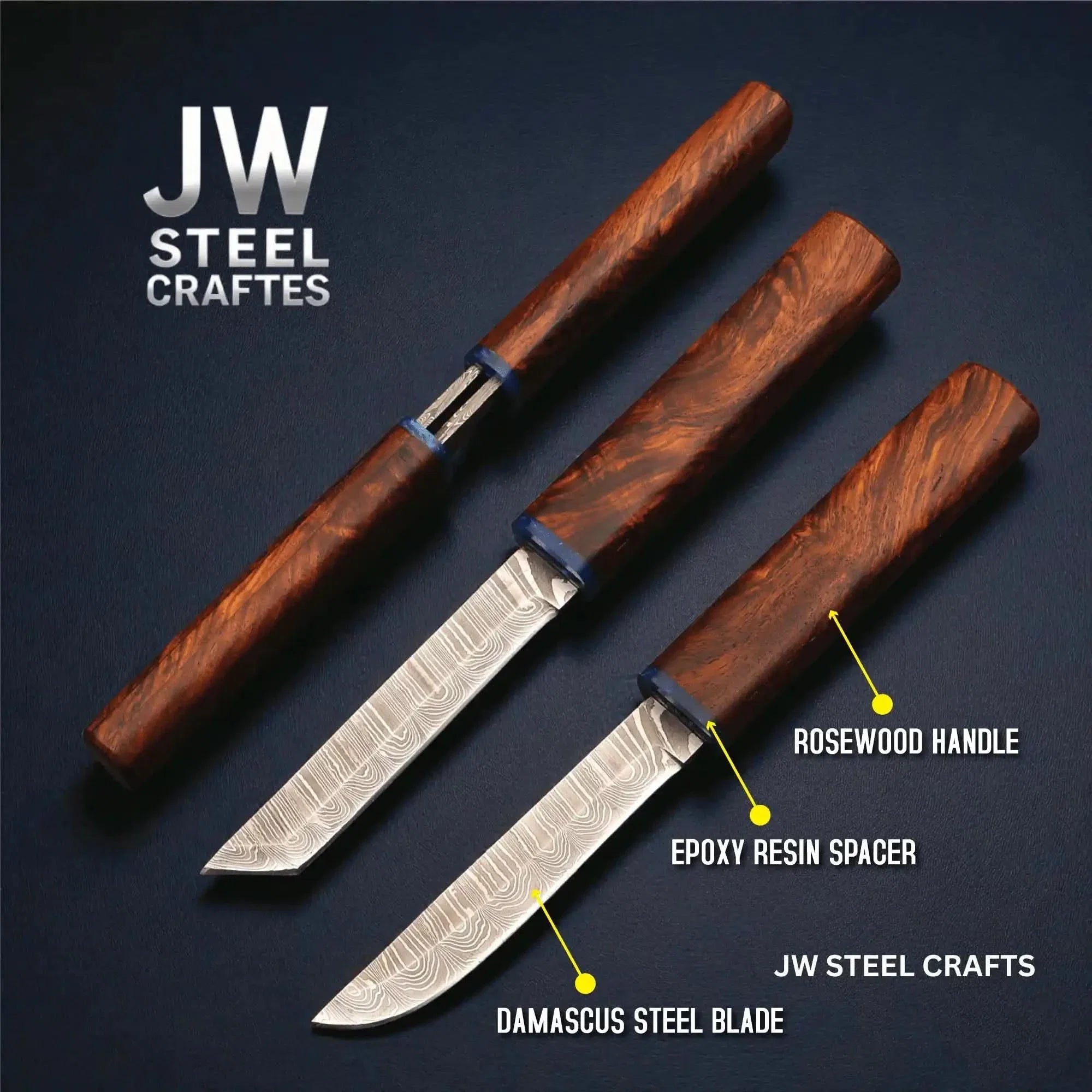 Damascus Utility Knife 5-Inch Blade, Natural Rosewood Handle