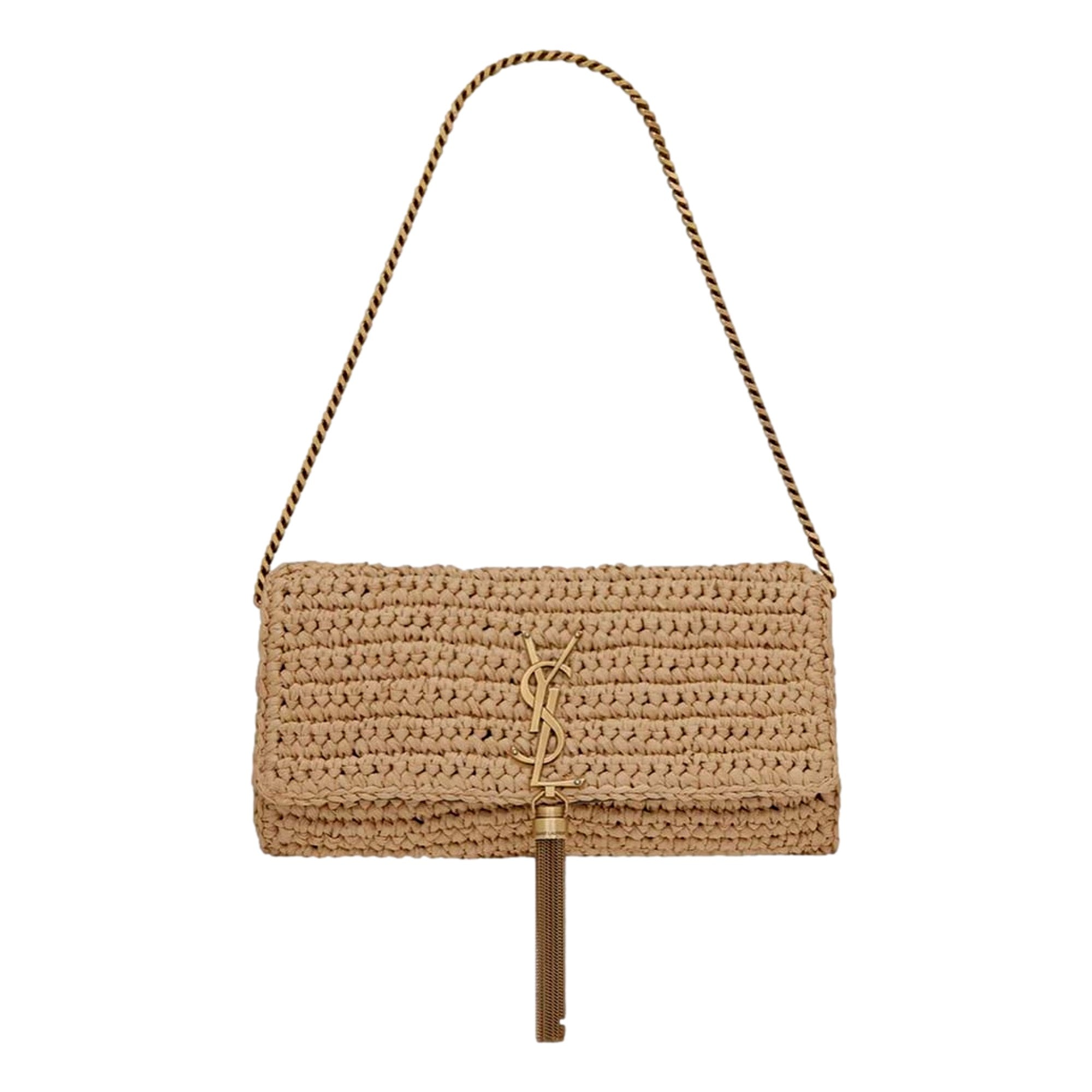 Saint Laurent Kate 99 Beige Raffia Crossbody Bag with Tassel