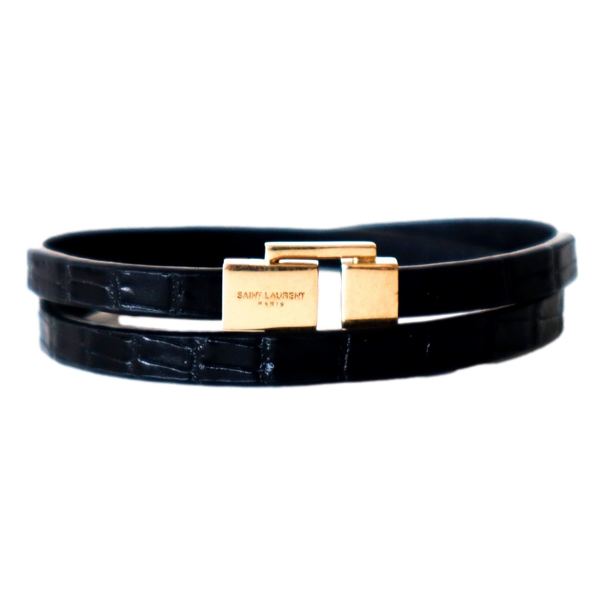 Saint Laurent Black Leather Thin Wrap Bracelet with Gold-Tone Engraved Clasp