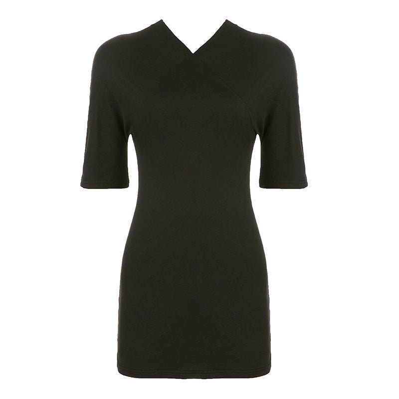 Sexy Cross Collar Solid Color Short Sleeve One Piece Split Dress Simple All Matching Sheath Jumpsuit - Overture Gifts