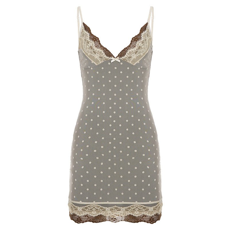 Sexy Polka Dot Lace Lace Contrast Color Cami Dress Faux Two Piece Flocking Mesh Dress - Overture Gifts