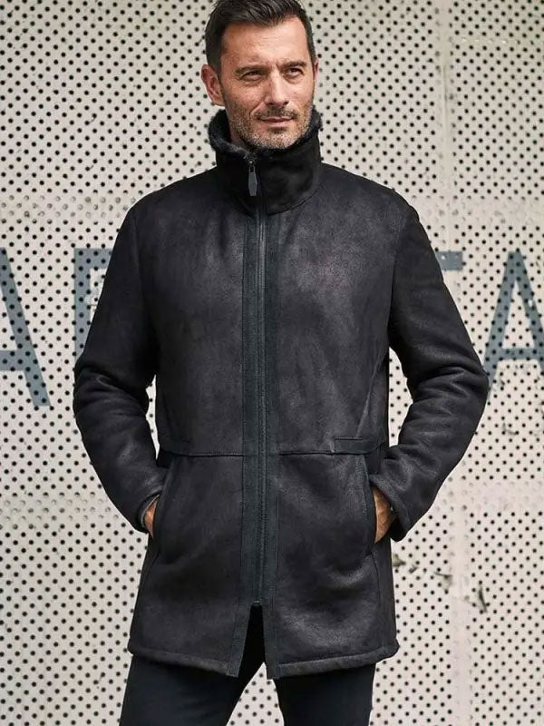 Men’s Black Shearling Fur Outwear Mink Overcoat Lapel Leather Jacket Coat