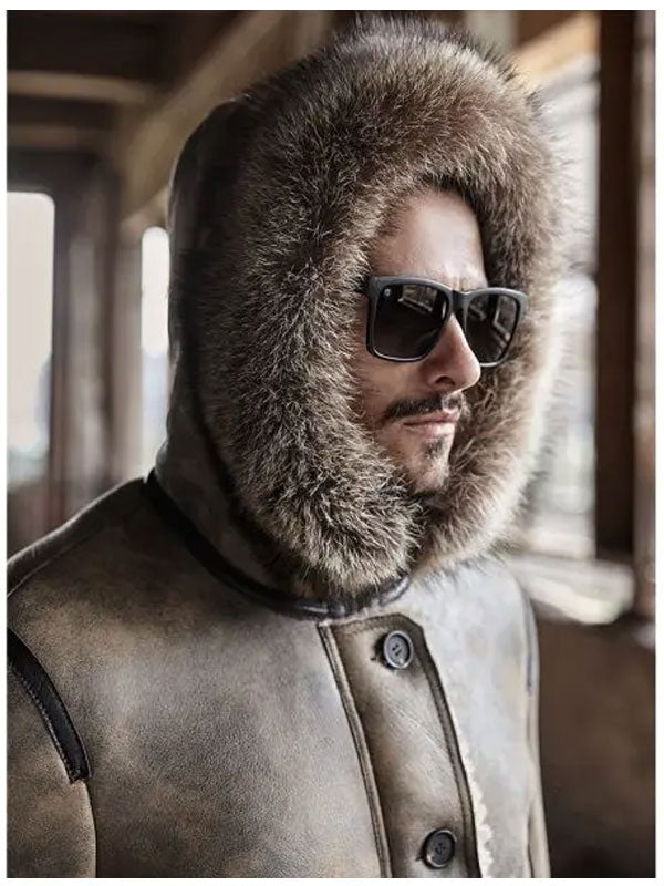 Men’s Hooded Shearling Collar Leather Bomber Jacket