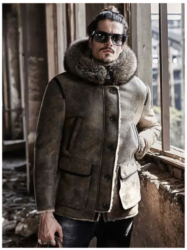 Men’s Hooded Shearling Collar Leather Bomber Jacket