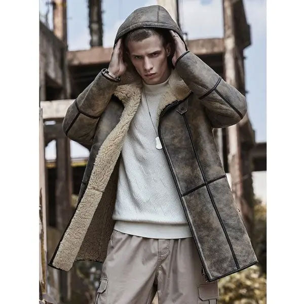 Men’s Bomber Shearling Fur Hooded Winter Long Leather Jacket Trench Coat