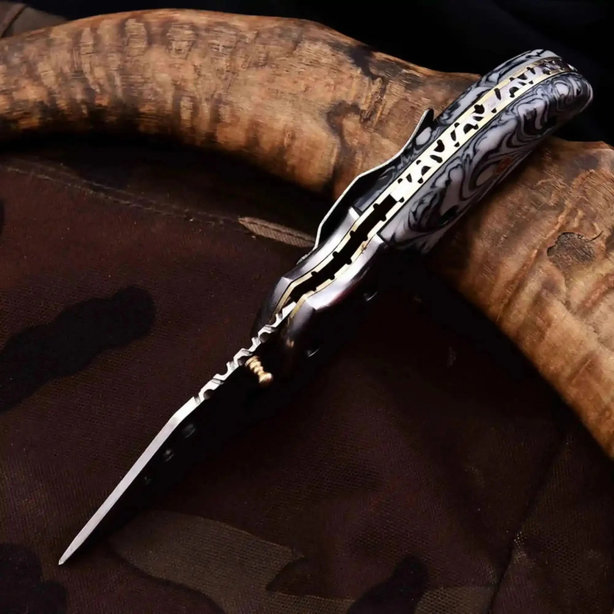 Marble Resin Folding Pocket Knife with Genuine Leather Sheath