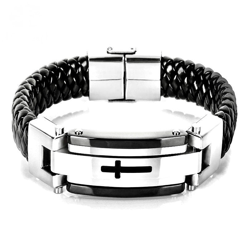 Silver Cross Bracelet Black Leather Raised Crucifix for Men Bangle Stainless Steel Engraved Boys Cuff Heavy Design Christian Jewelry - Overture Gifts
