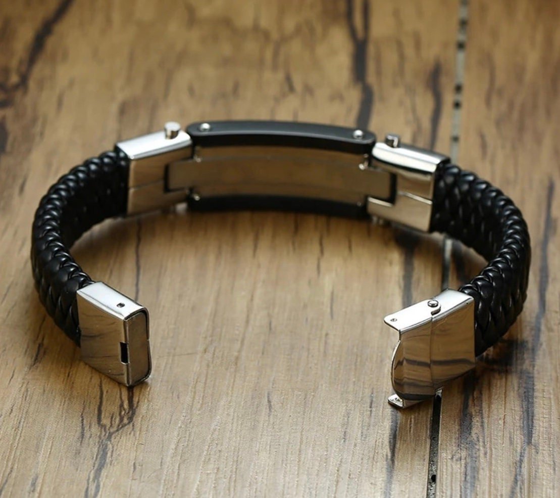 Silver Cross Bracelet Black Leather Raised Crucifix for Men Bangle Stainless Steel Engraved Boys Cuff Heavy Design Christian Jewelry - Overture Gifts