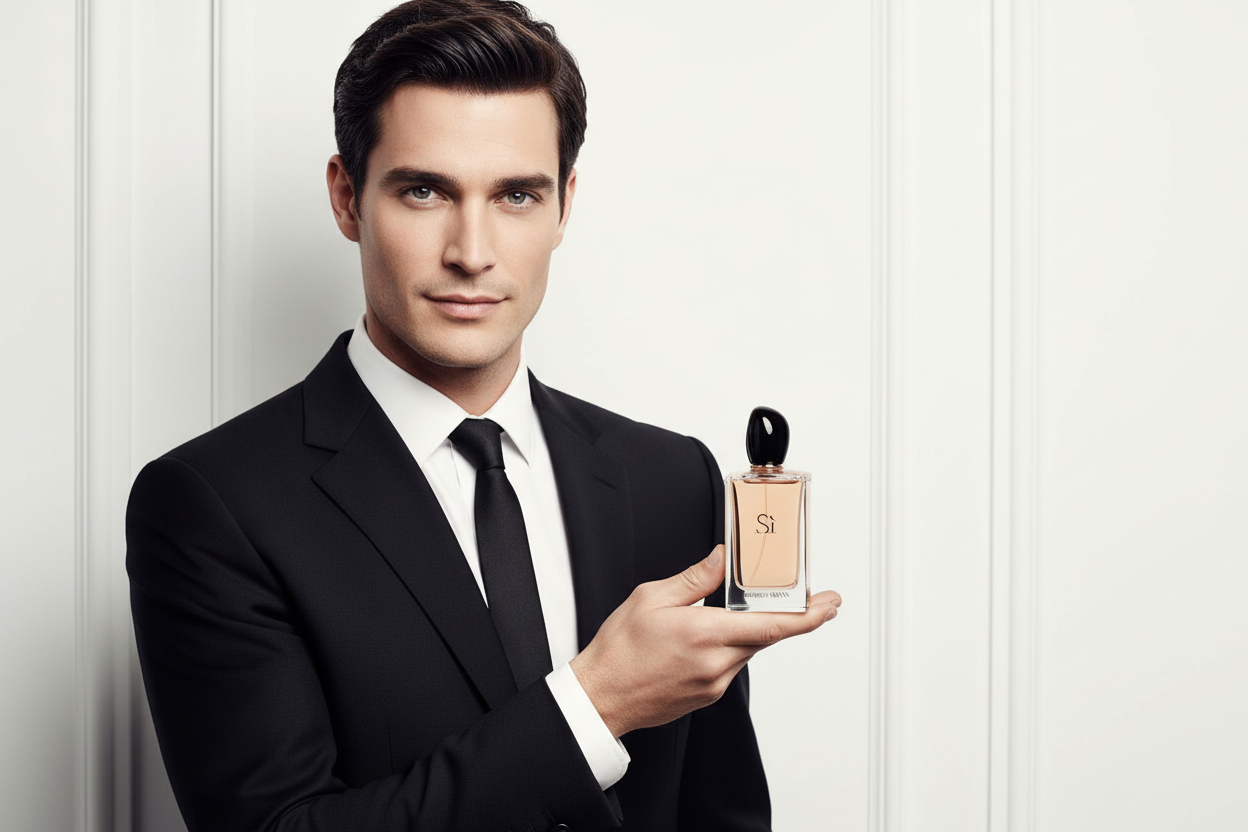 Sophisticated man in tailored suit with Sì fragrance