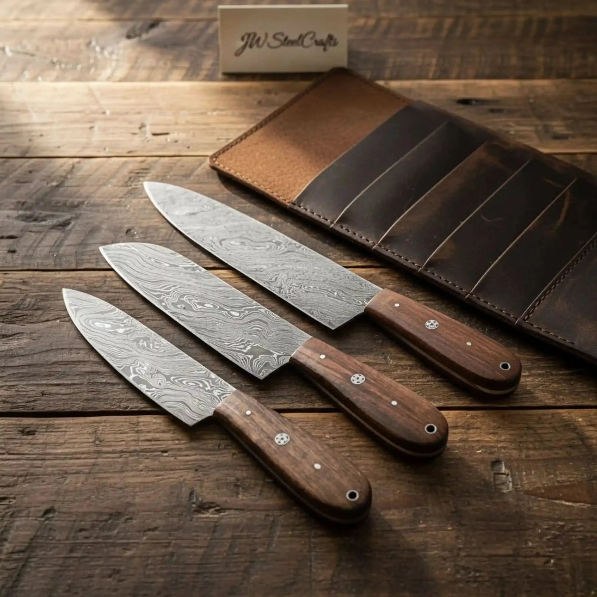 Handmade Damascus Steel Knife Set with Leather Roll, Rosewood Handle Kitchen Collection