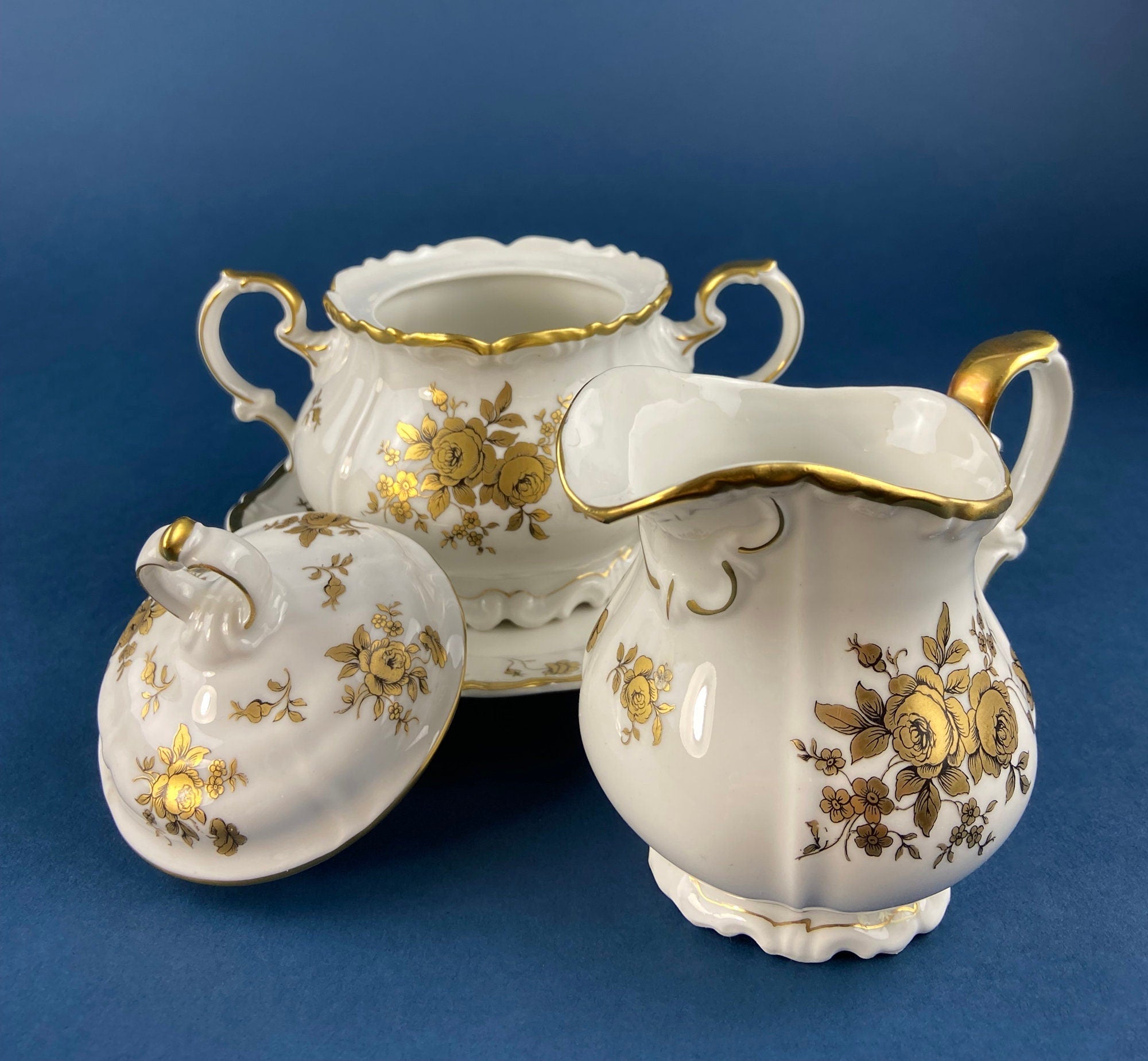Stunning Antique White and Gold Tea Set Trio. Weimar Porcelain, Katharina Pattern. Hand Painted Floral Gold Trim. Dining Room Decor. - Overture Gifts