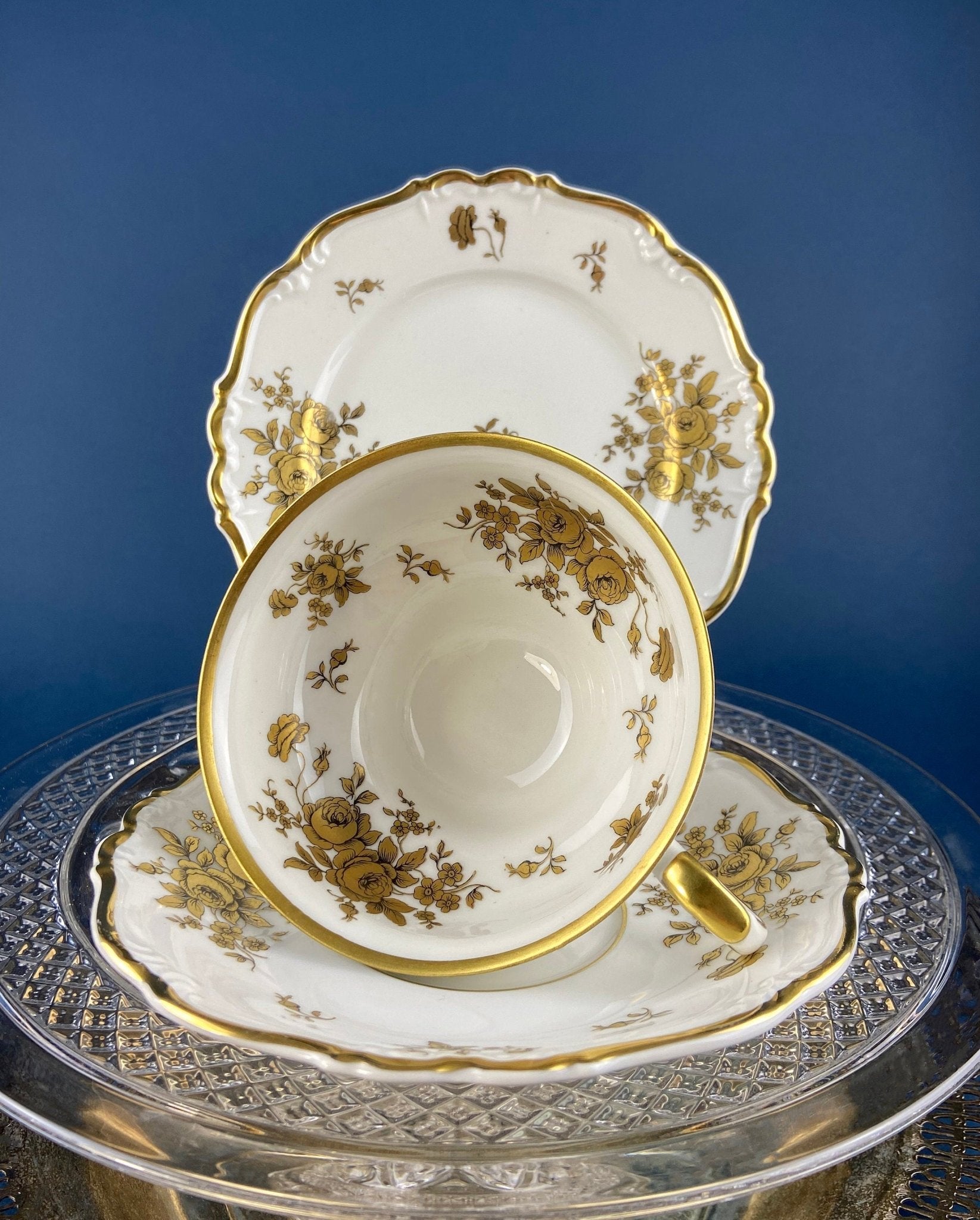 Stunning Antique White and Gold Tea Set Trio. Weimar Porcelain, Katharina Pattern. Hand Painted Floral Gold Trim. Dining Room Decor. - Overture Gifts