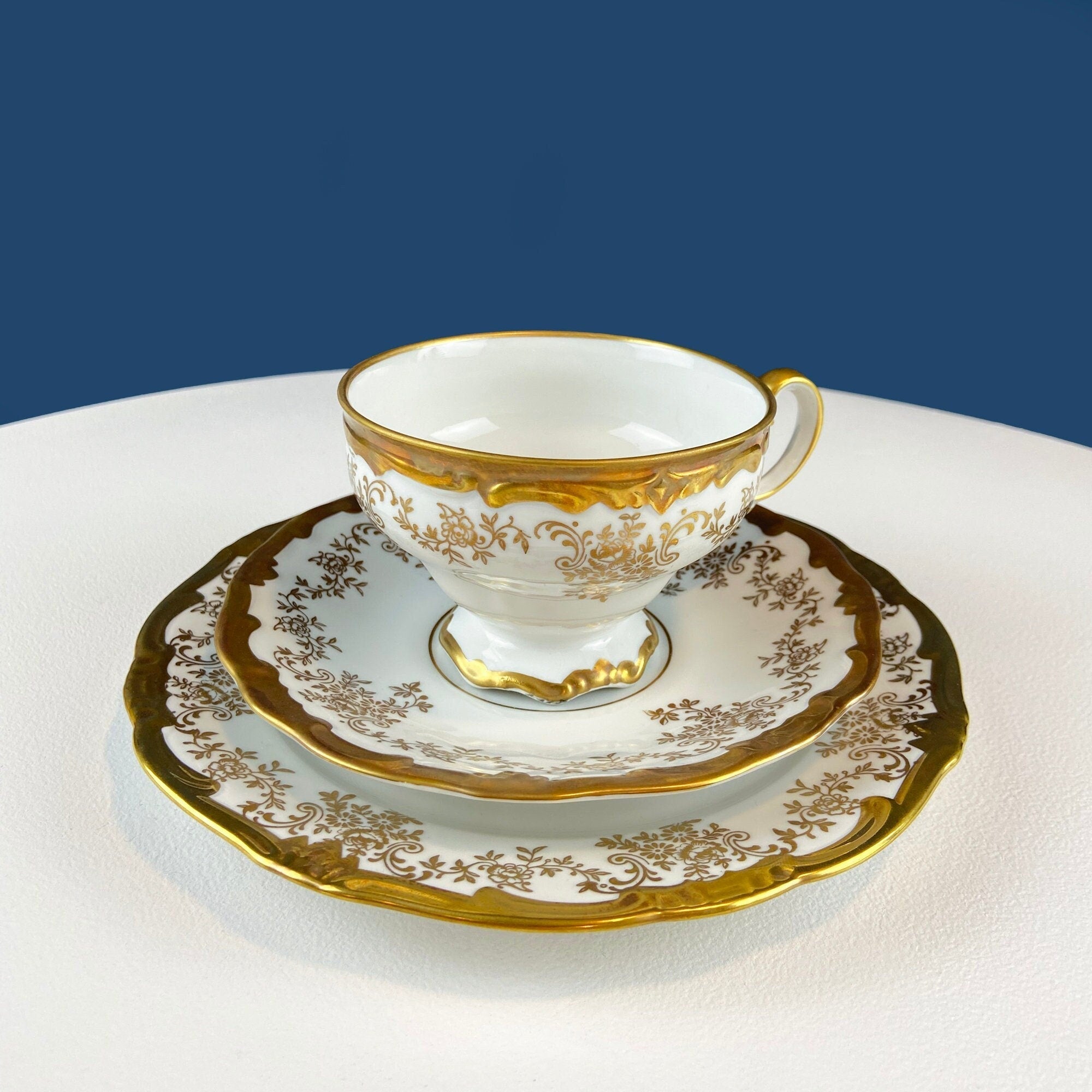 Stunning Antique White and Gold Tea Set Trio. Weimar Porcelain, Katharina Pattern. Hand Painted Floral Gold Trim. Dining Room Decor. - Overture Gifts