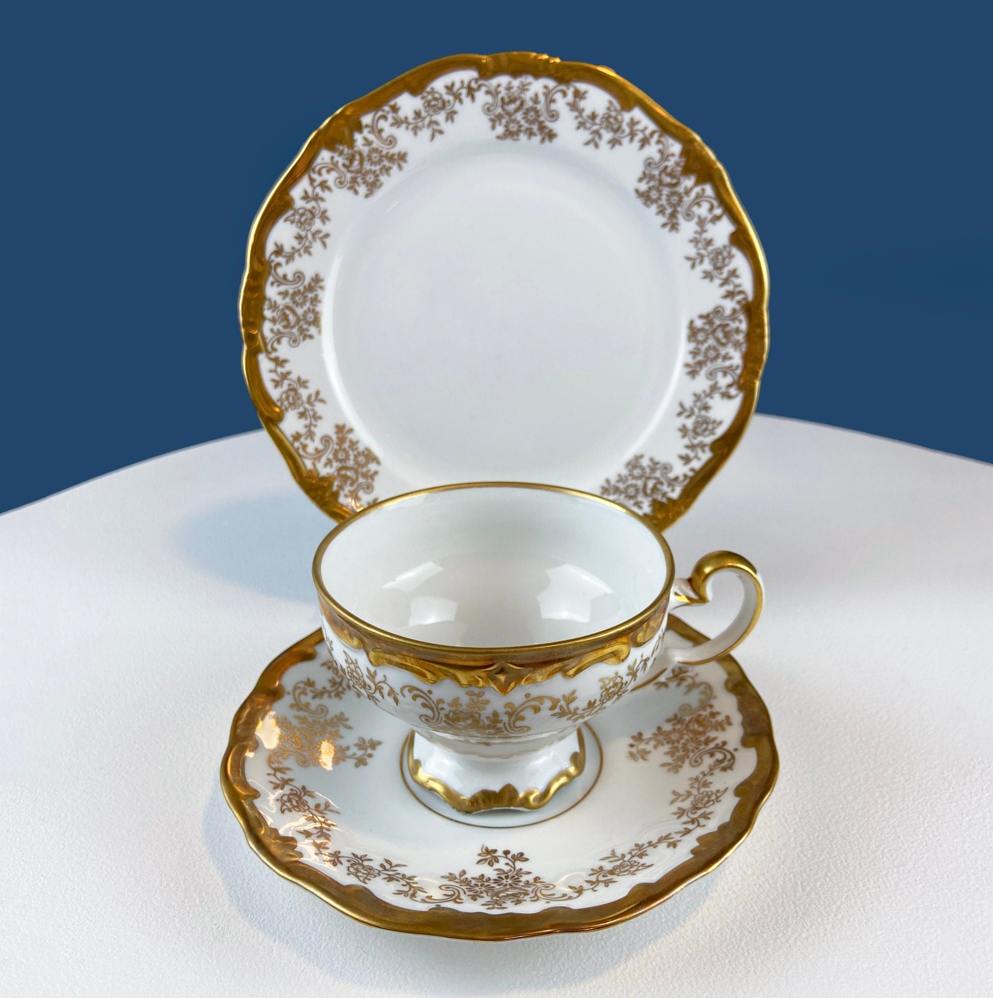 Stunning Antique White and Gold Tea Set Trio. Weimar Porcelain, Katharina Pattern. Hand Painted Floral Gold Trim. Dining Room Decor. - Overture Gifts