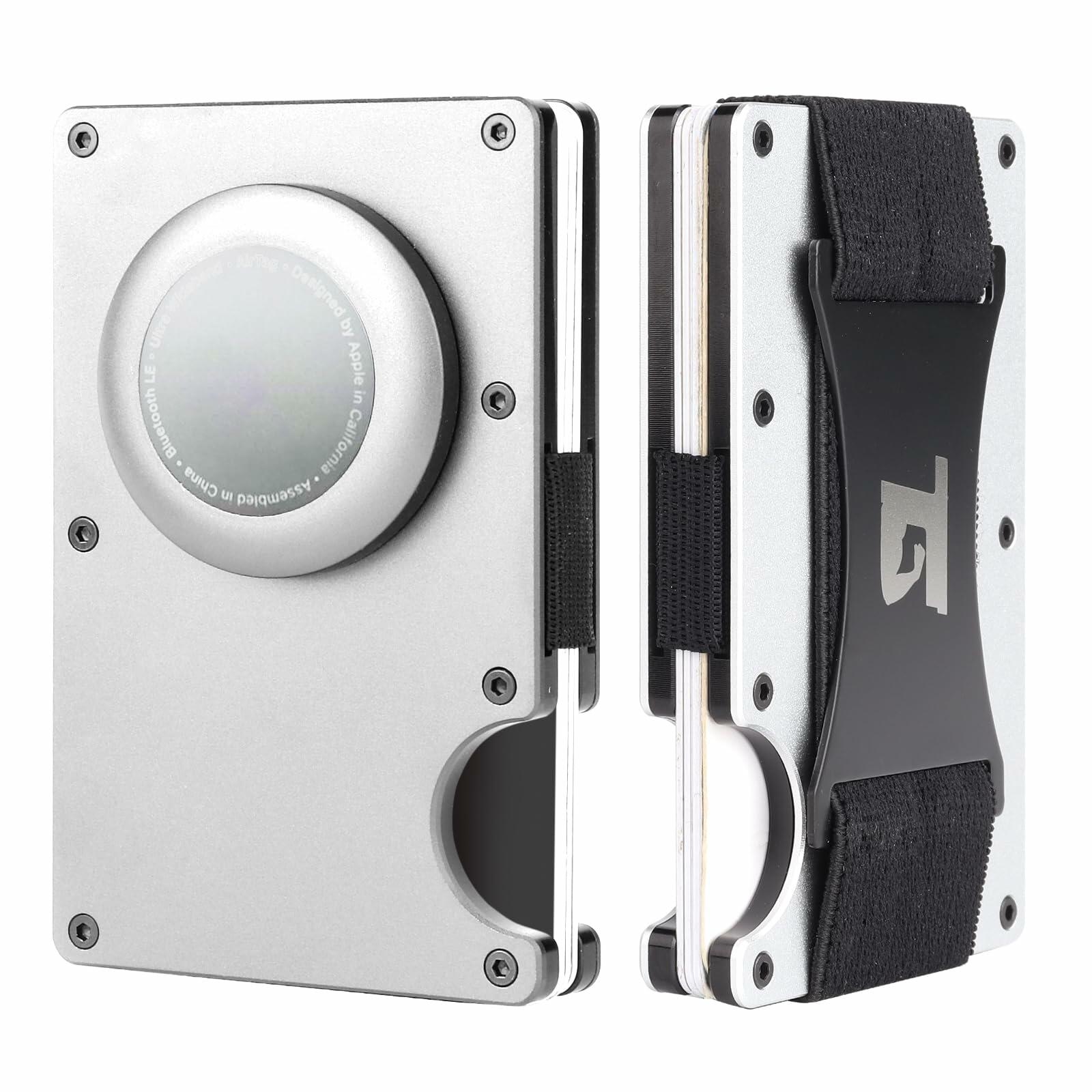 Team Gainz Mens Metal Wallet RFID Blocking Airtag Holder Silver W/ Strap - Overture Gifts
