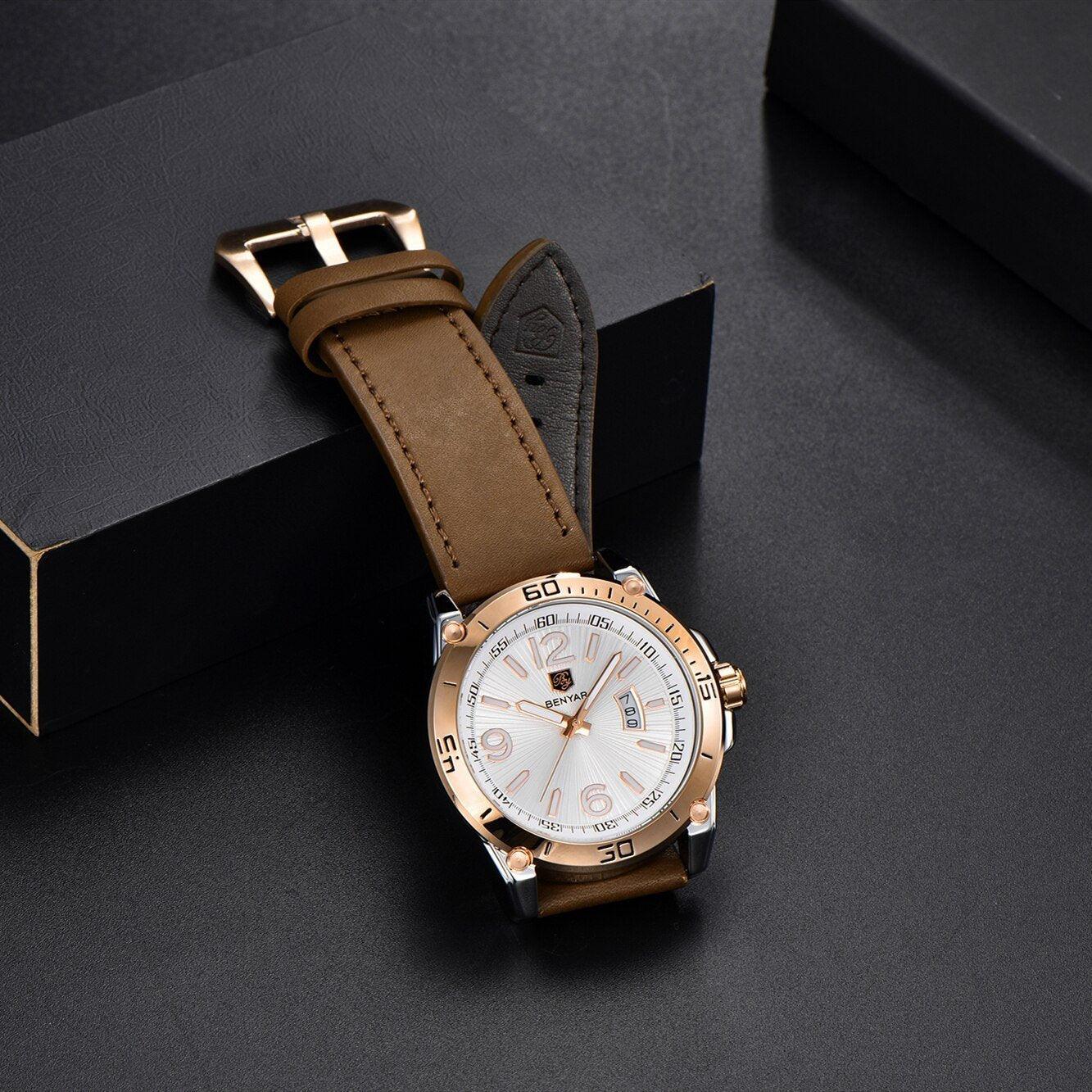 Top Luxury Fashion Mens Watches Quartz Casual Leather Design Sport Analog Waterproof Classic Wrist Watch - Overture Gifts