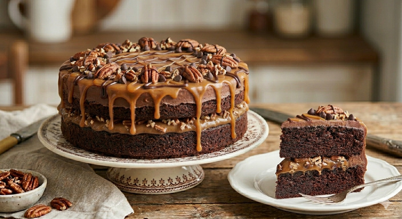 Andy Anand SUGAR-FREE TURTLE PECAN CAKE RICH CHOCOLATE, DECADENT CARAMEL & TOASTED PECANS, ZERO ADDED SUGAR, 2.8 LBS: Layers of moist dark chocolate cake, buttery caramel filling, and premium roasted pecans.
