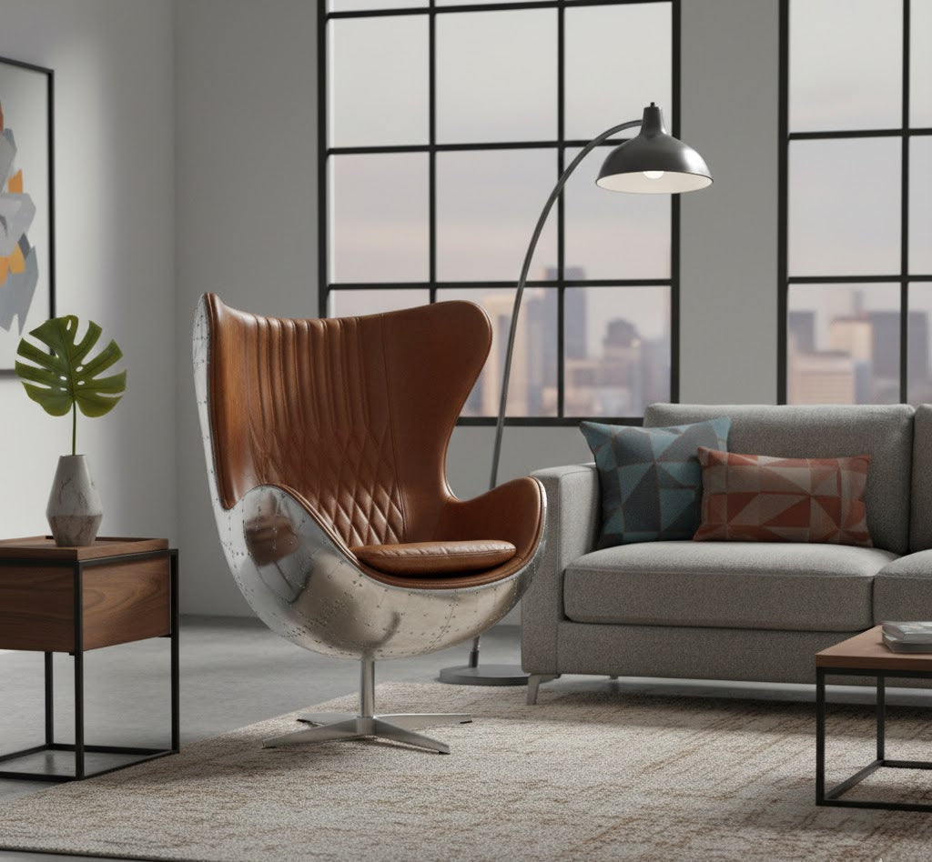 Cruz Modern Egg Chair - Brown Leather and Metal Spitfire Shell