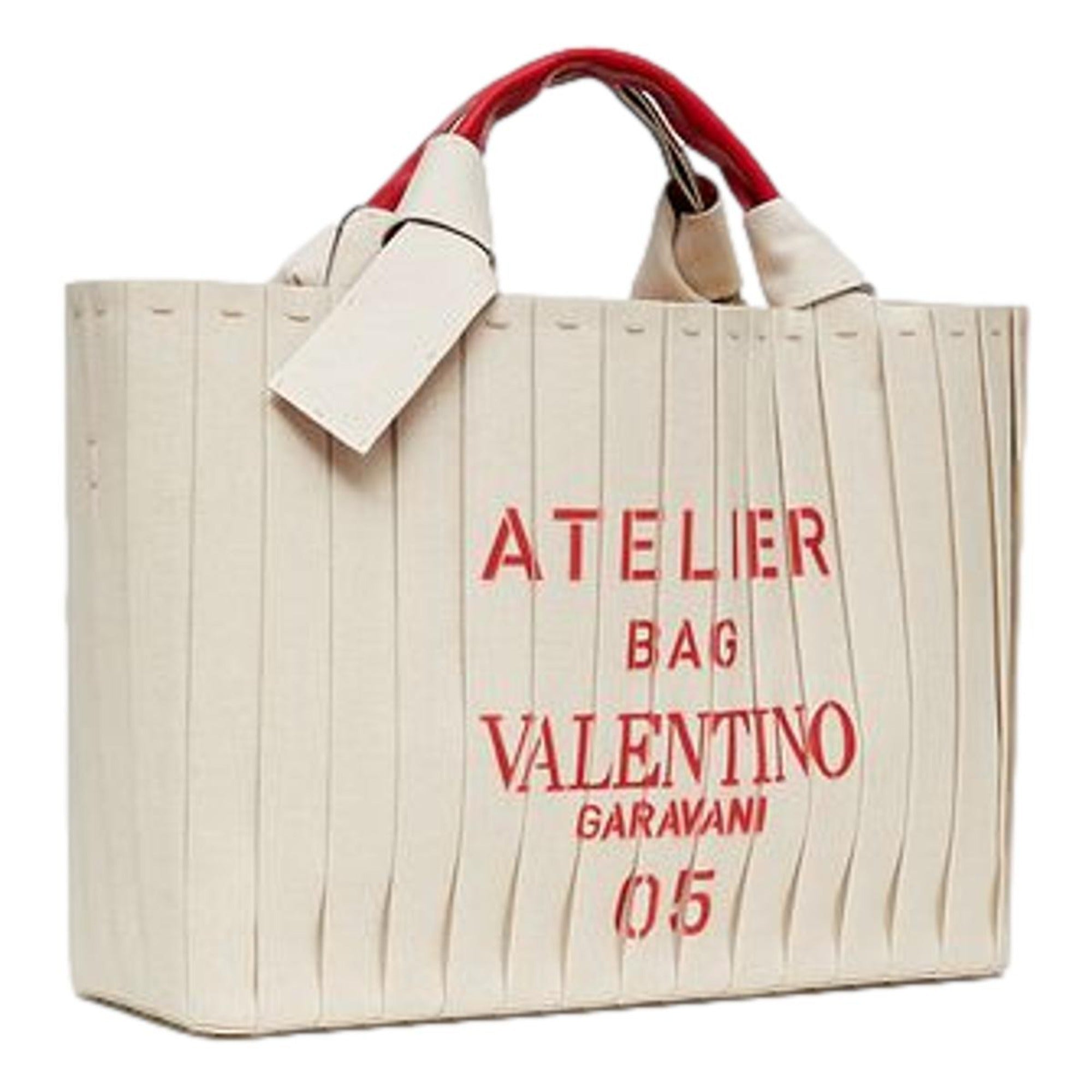 Valentino Garavani 05 Plisse Edition Sac Atelier Large Canvas Tote Bag Beige Red Trim