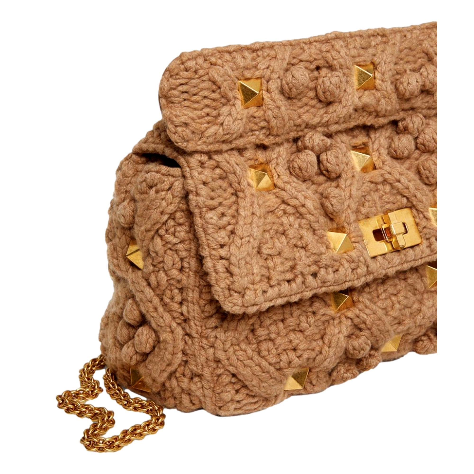 Valentino Garavani Roman Stud Large Shoulder Bag Brown Cashmere Knit Gold Hardware