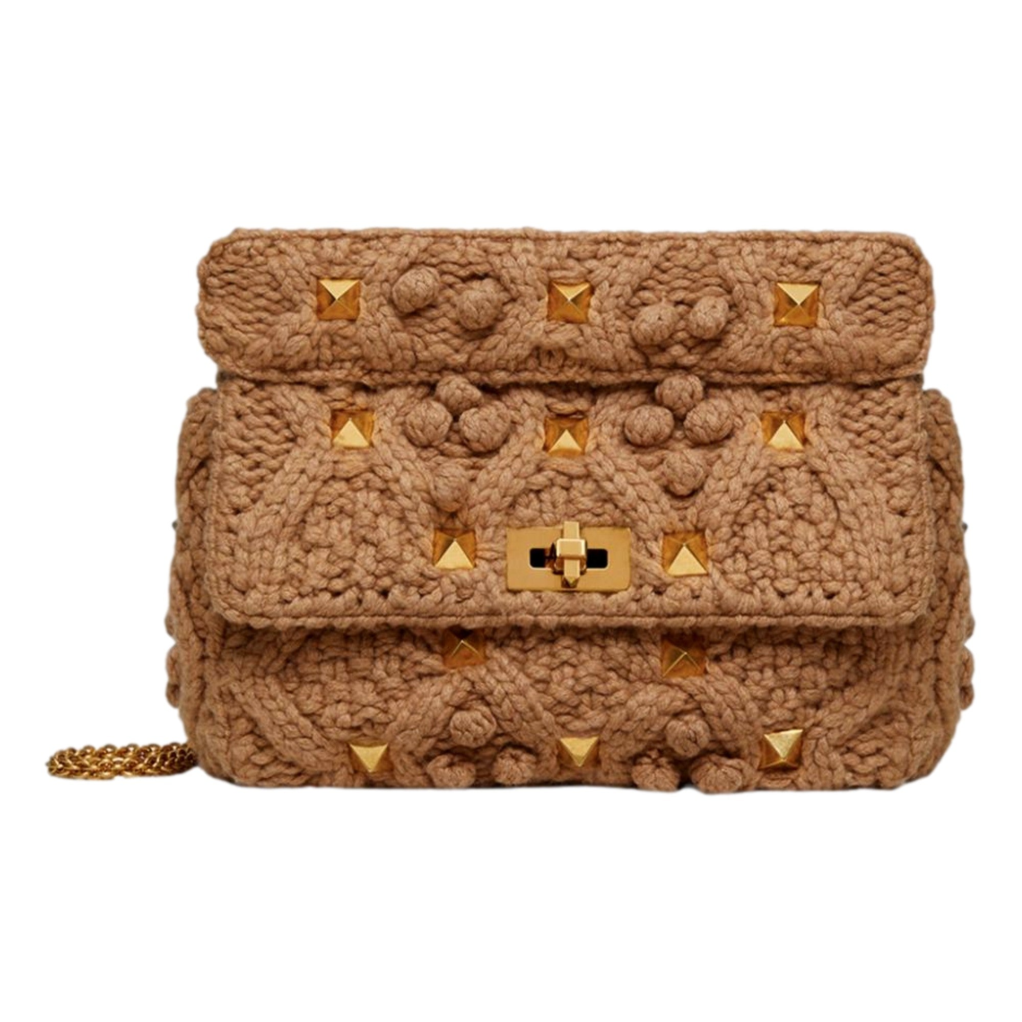 Valentino Garavani Roman Stud Large Shoulder Bag Brown Cashmere Knit Gold Hardware