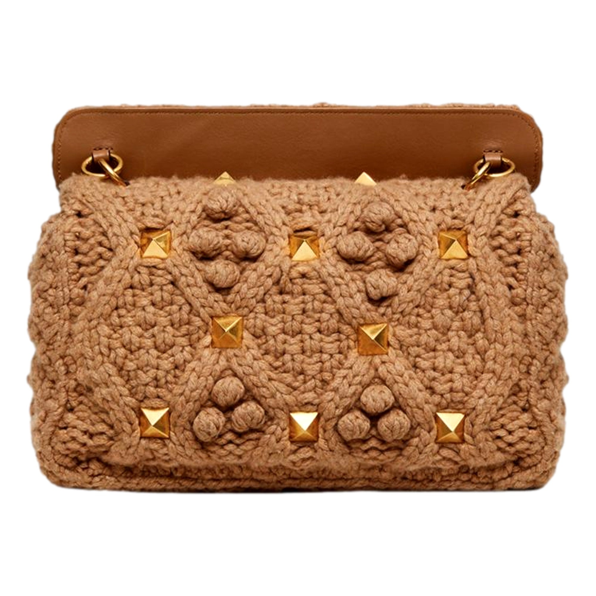 Valentino Garavani Roman Stud Large Shoulder Bag Brown Cashmere Knit Gold Hardware