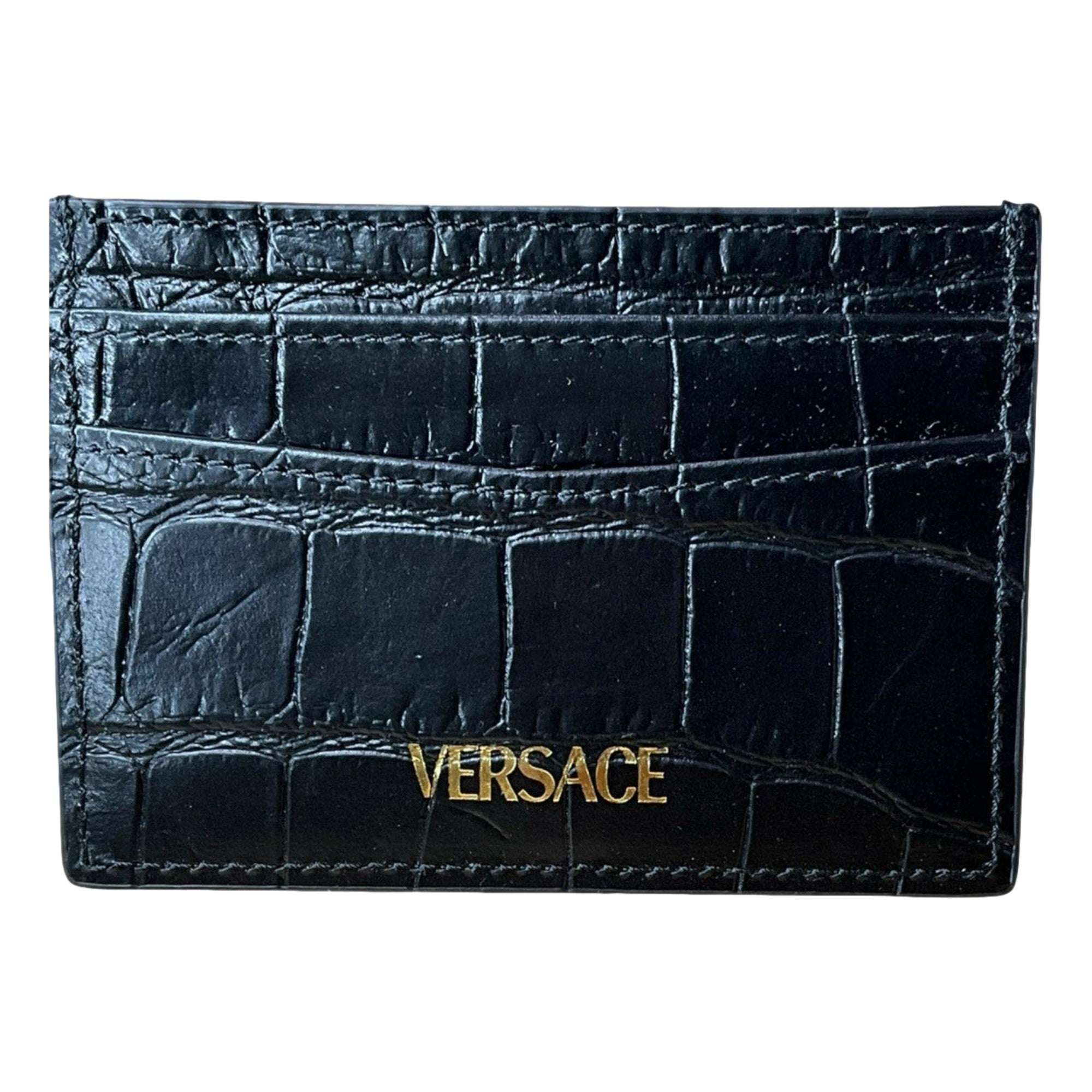 Versace La Medusa Crocodile Embossed Leather Cardholder Wallet in Black