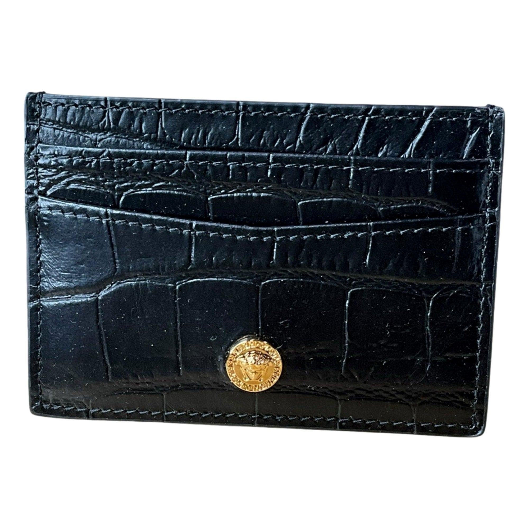 Versace La Medusa Crocodile Embossed Leather Cardholder Wallet in Black