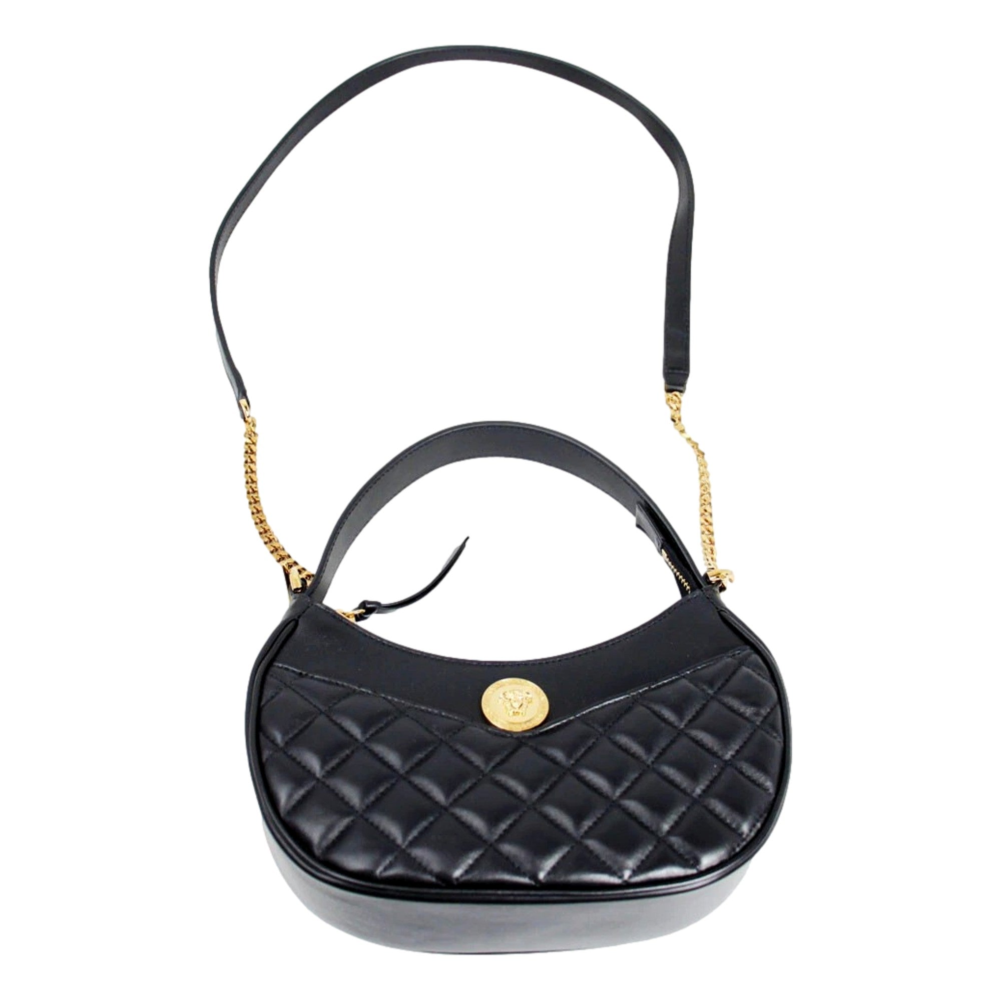Versace La Medusa Half Moon Hobo Shoulder Crossbody Bag Black Leather