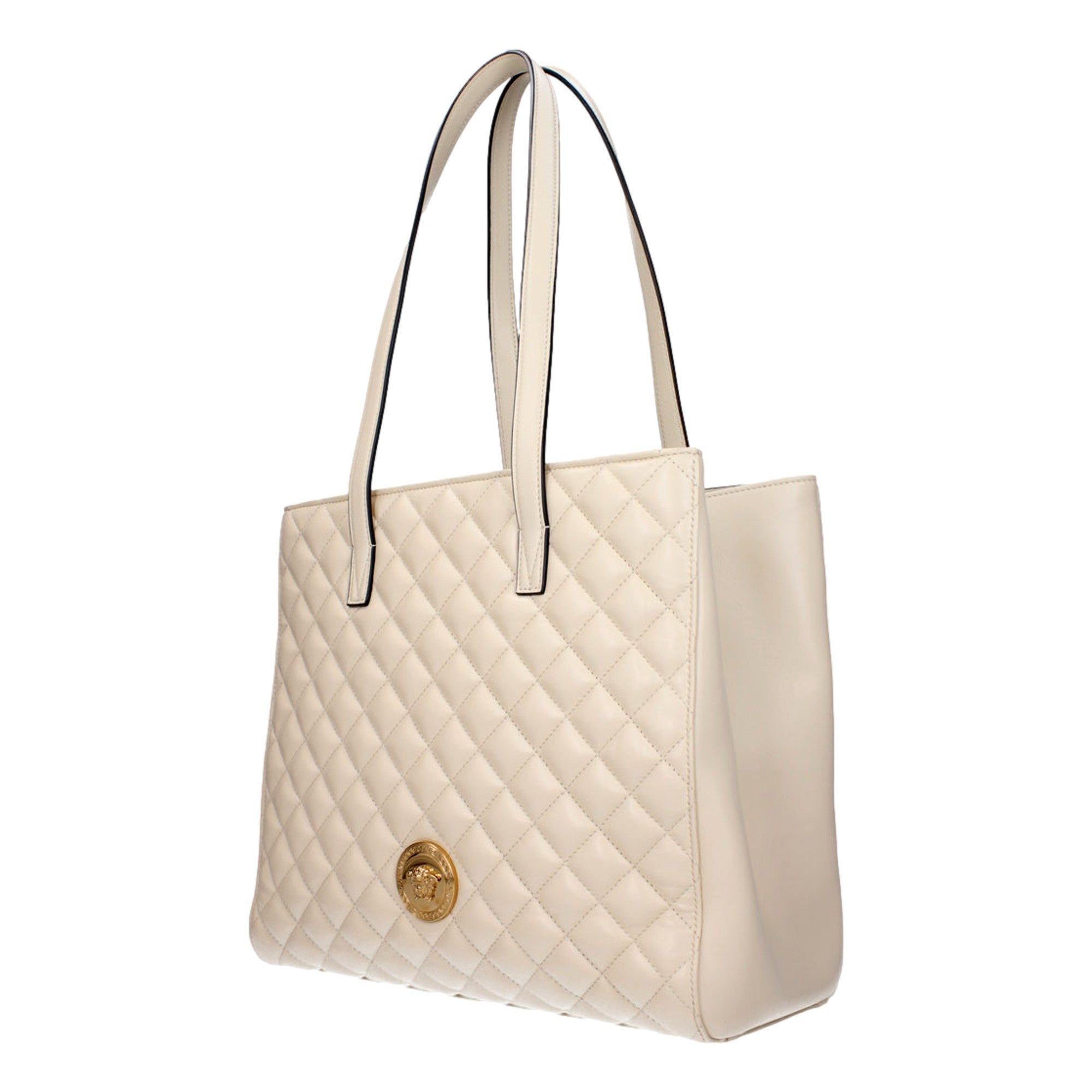 Versace La Medusa Quilted Tote Bag Ivory Leather Gold Hardware