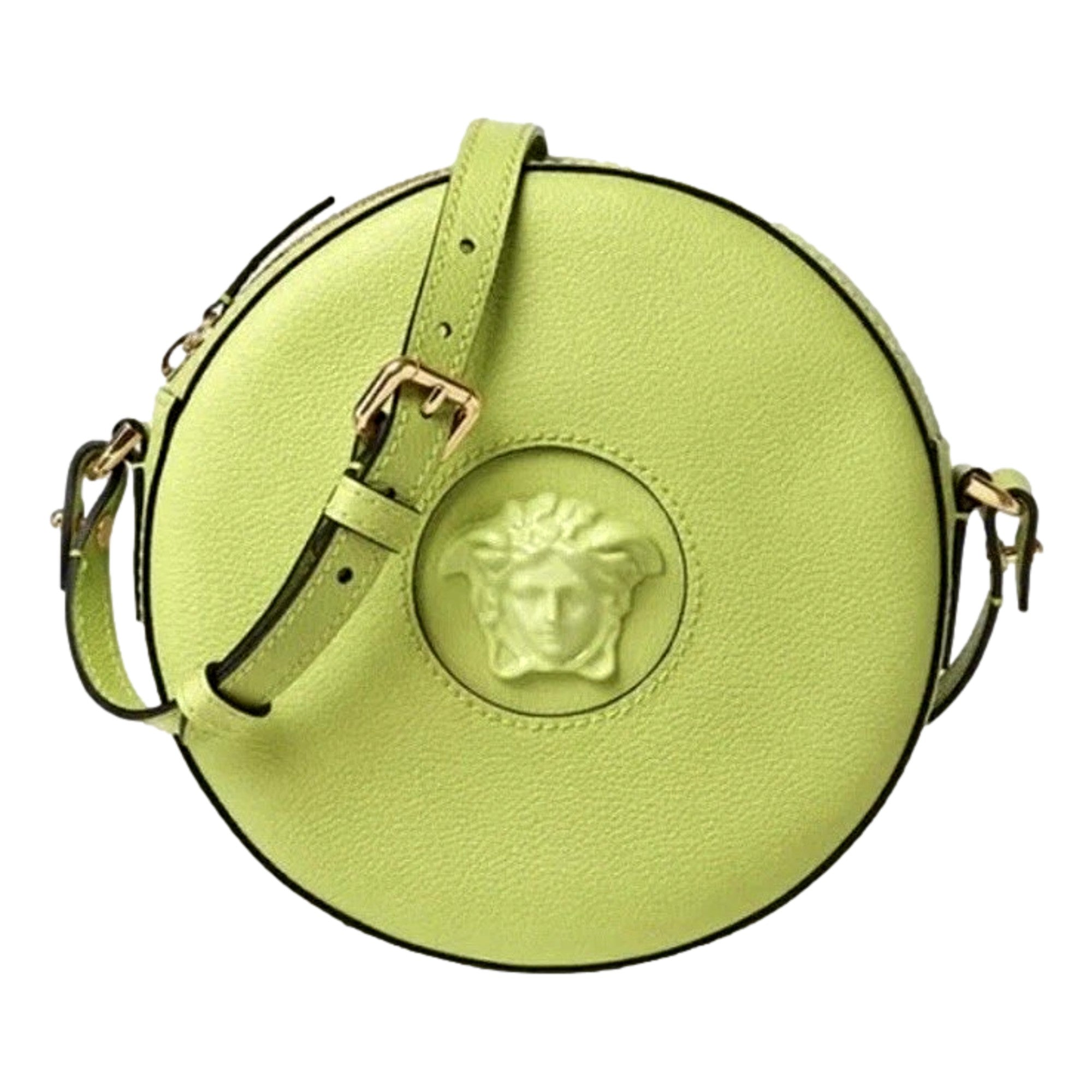 Versace La Medusa Lime Green Leather Disco Round Crossbody Bag
