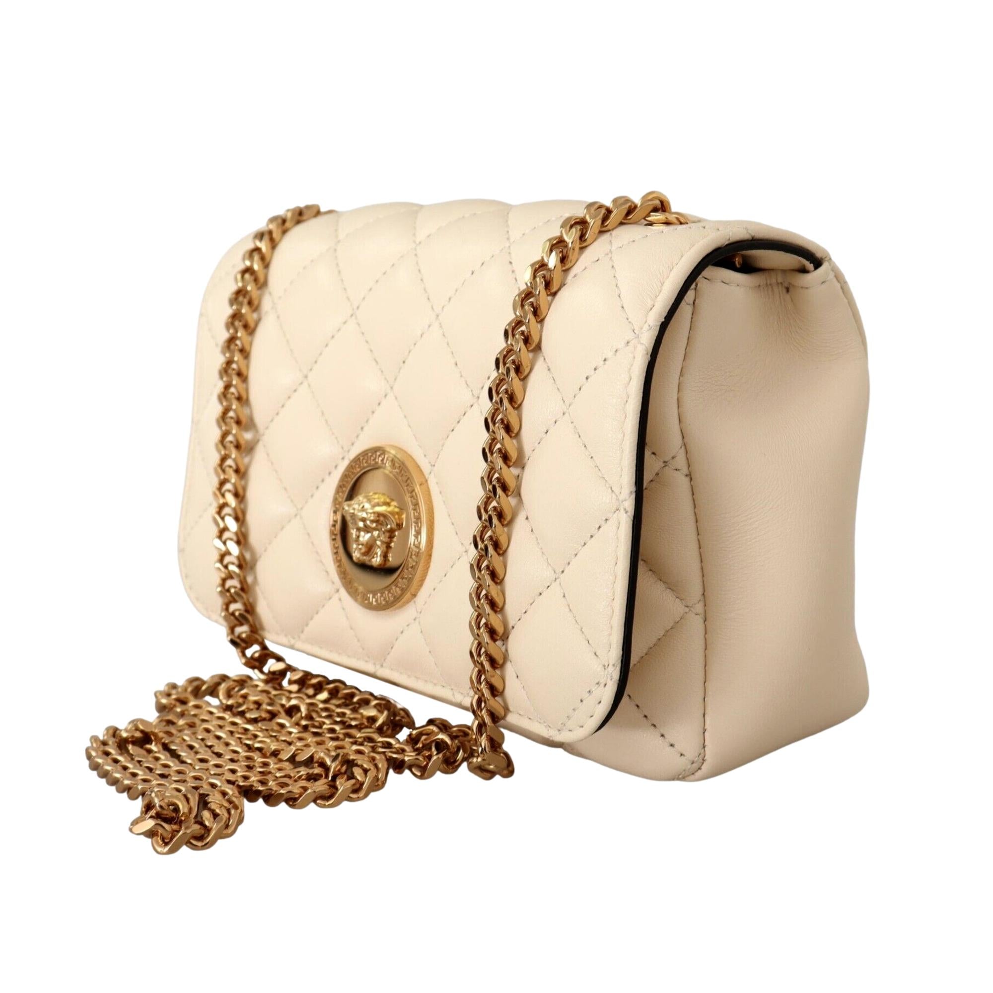 Versace La Medusa Nappa Quilted Beige Leather Small Crossbody Bag Gold Chain