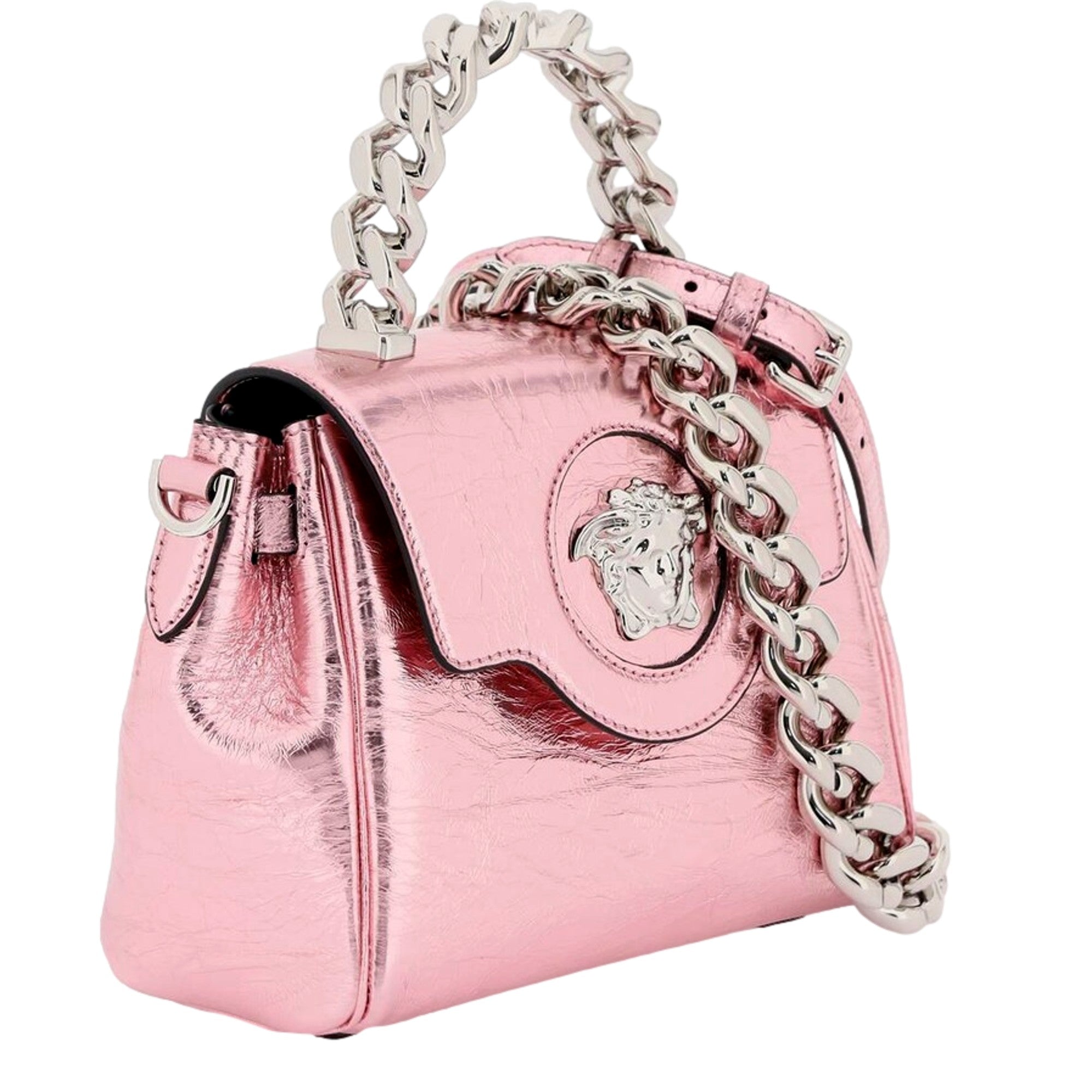 Versace La Medusa Metallic Pink Mini Top Handle Bag Chain Crossbody
