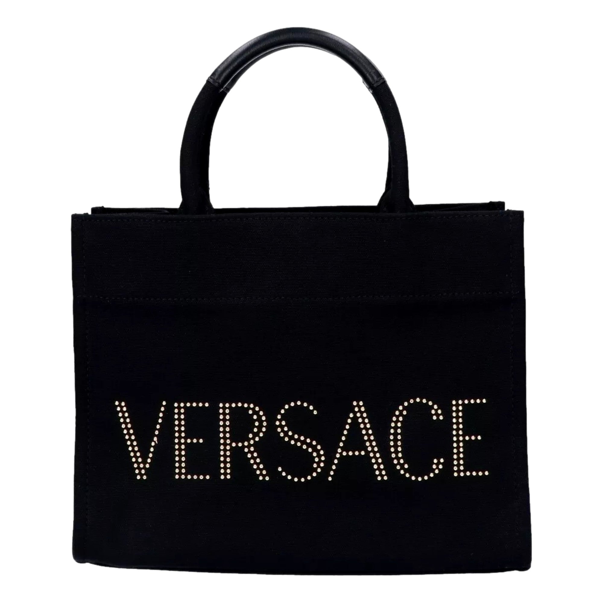 Versace Mini Tote Bag Nero Black Canvas Studded Logo Crossbody
