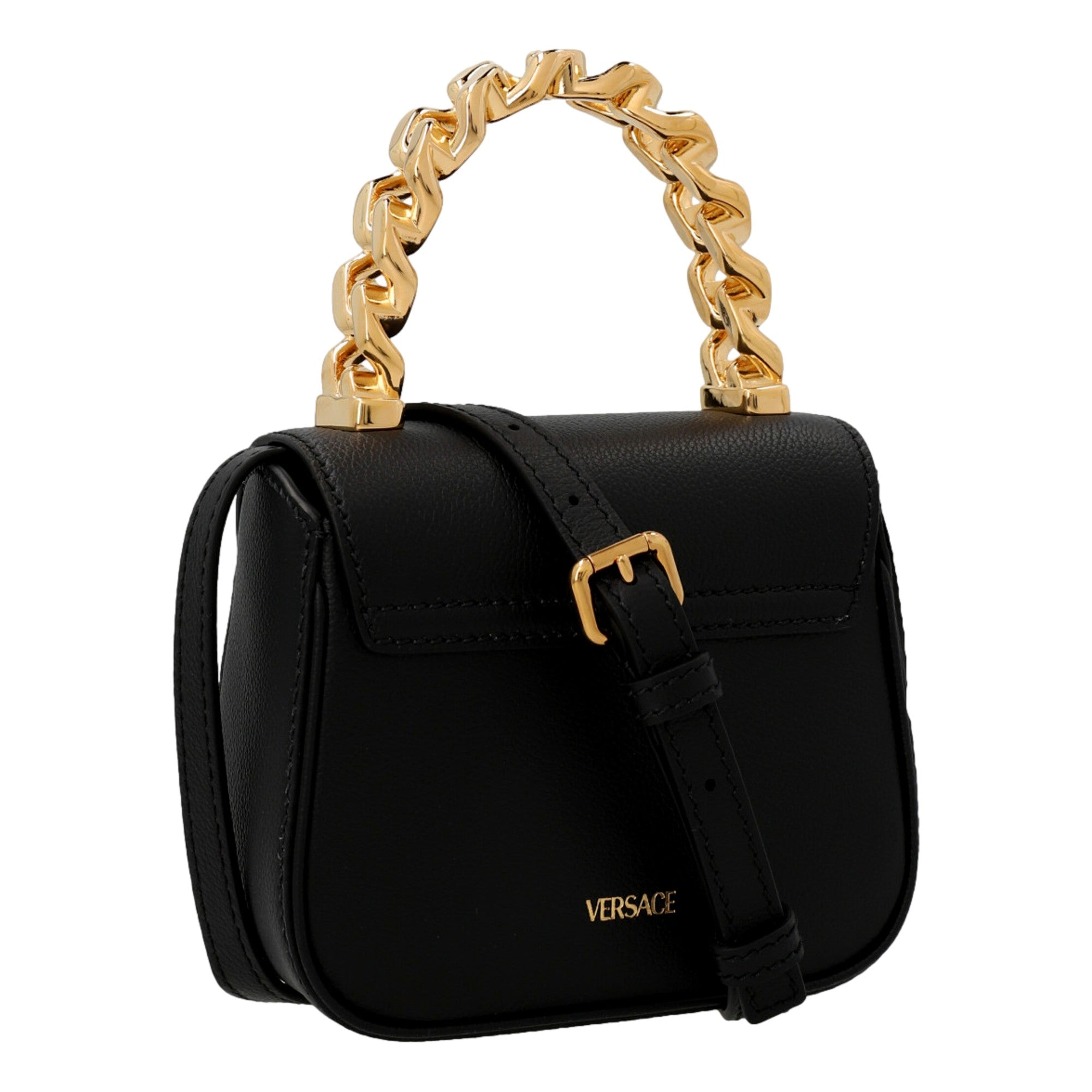 Versace Mini Top Handle Black Vitello Leather Designer Handbag