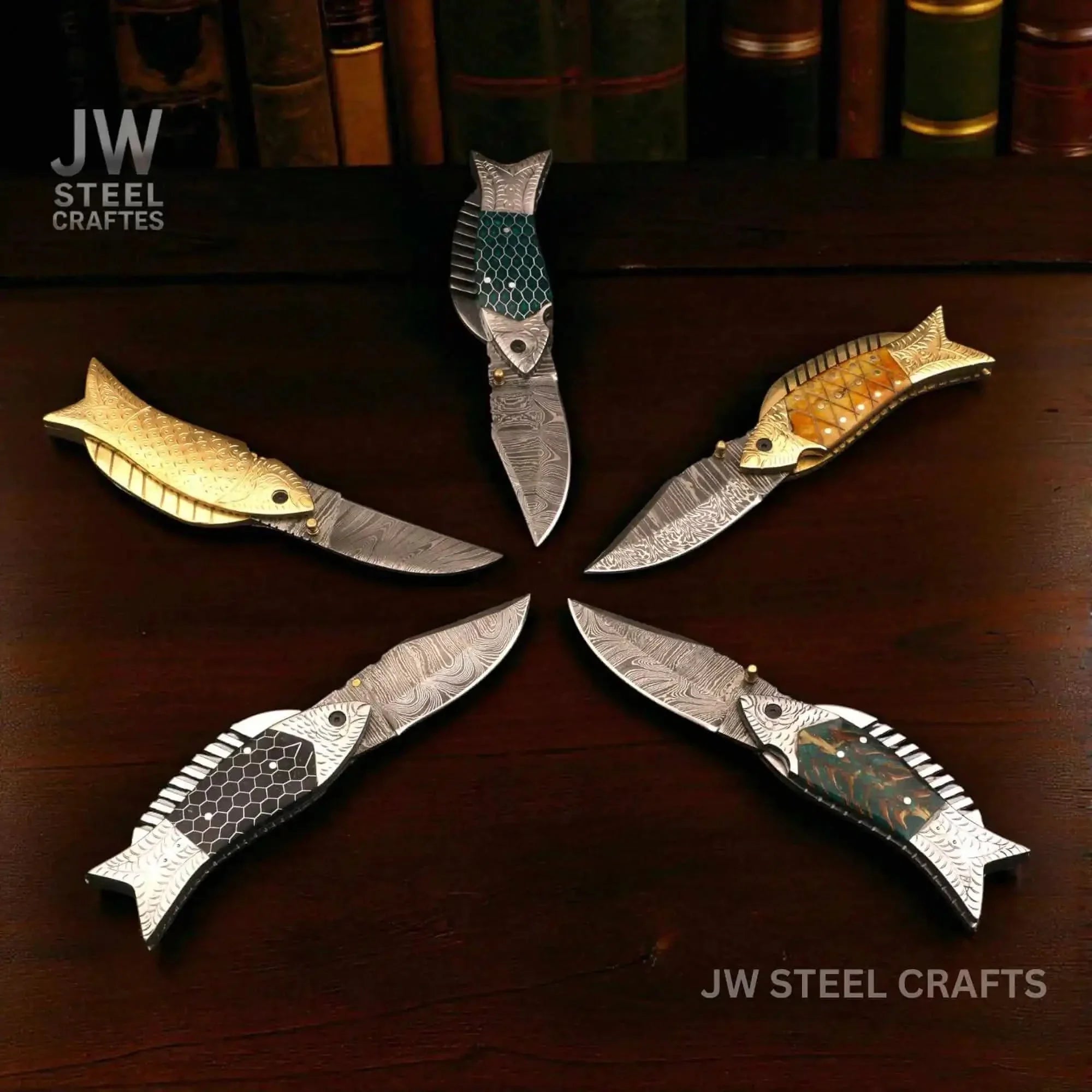 Damascus Fish Folding Knife Set with Hand-Engraved Fish Handles
