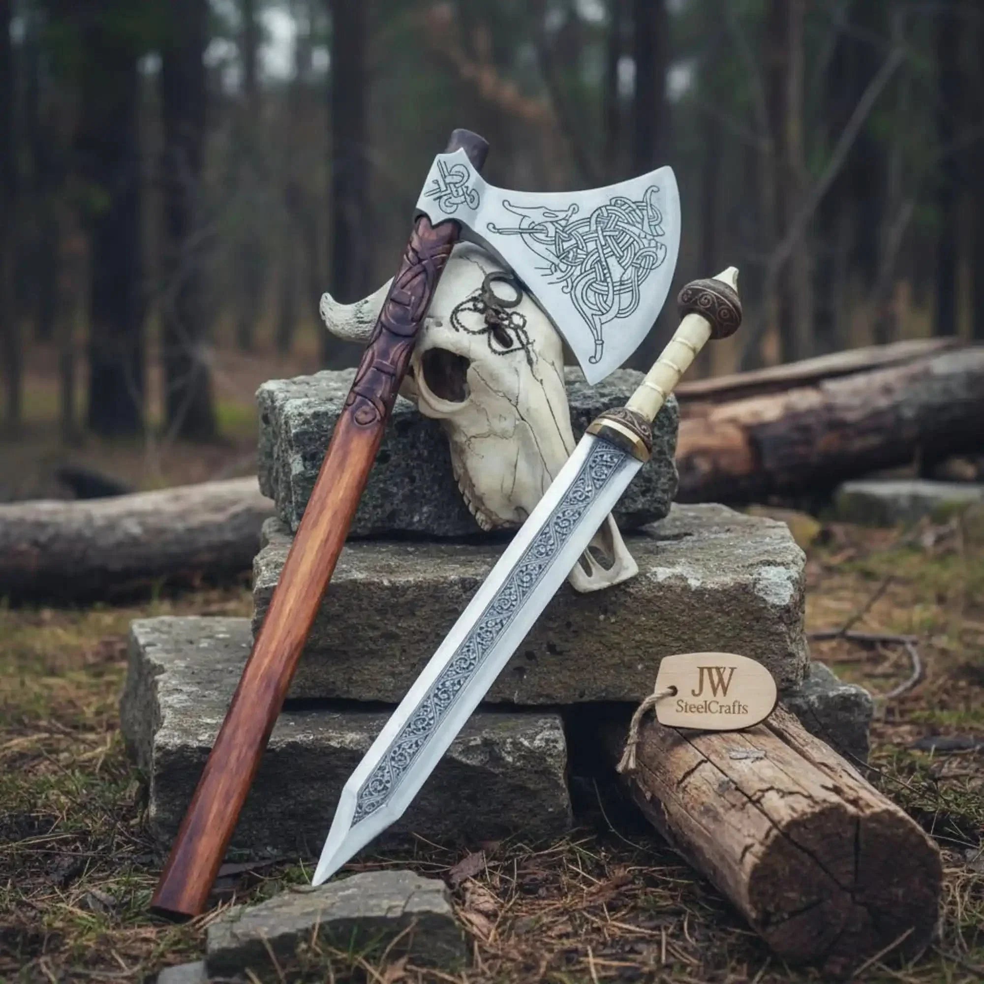Custom Handmade Stainless Steel Double Handed Viking axe set with Handmade Gladius piece