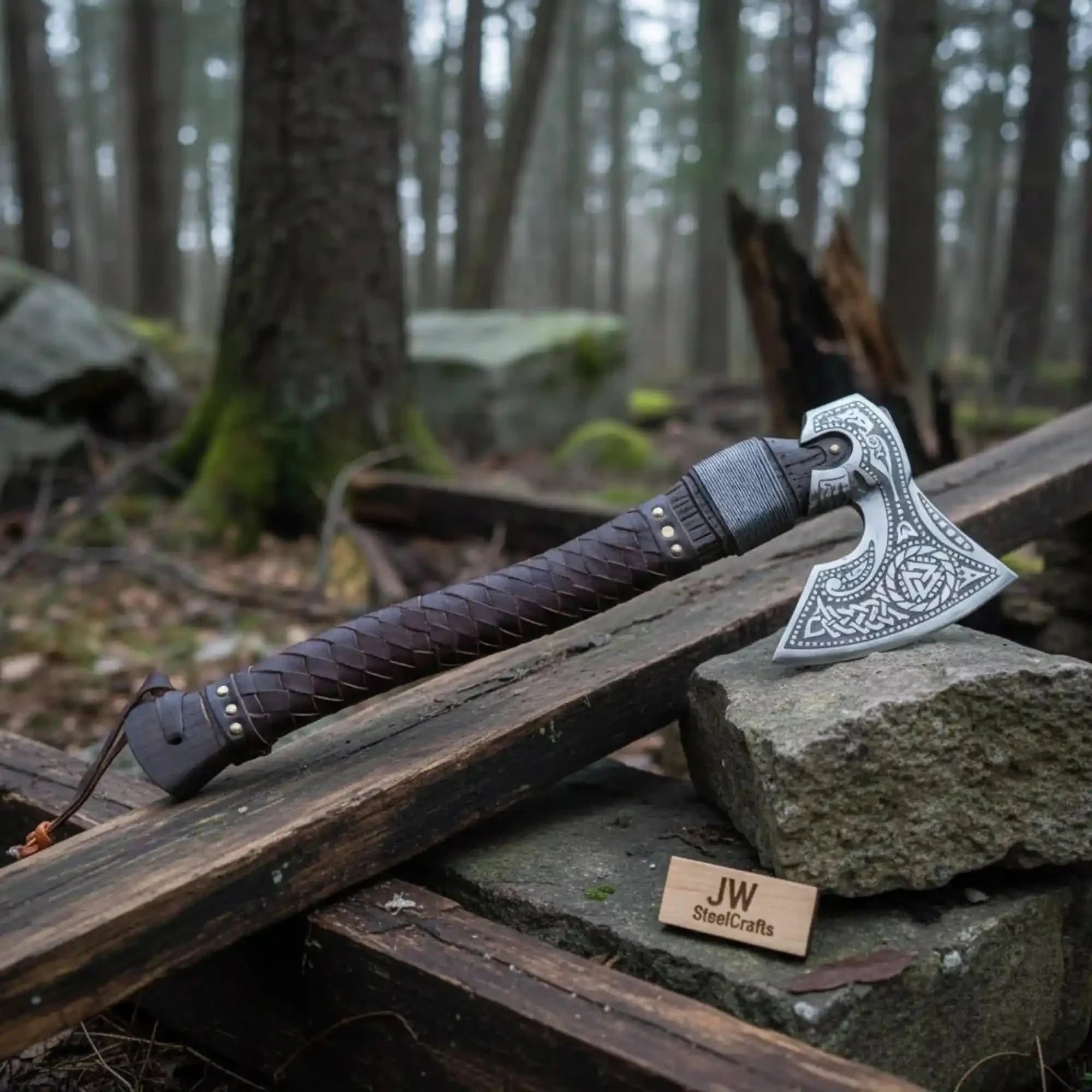 Engraved Norse Valknut Hatchet with Braided Leather Handle