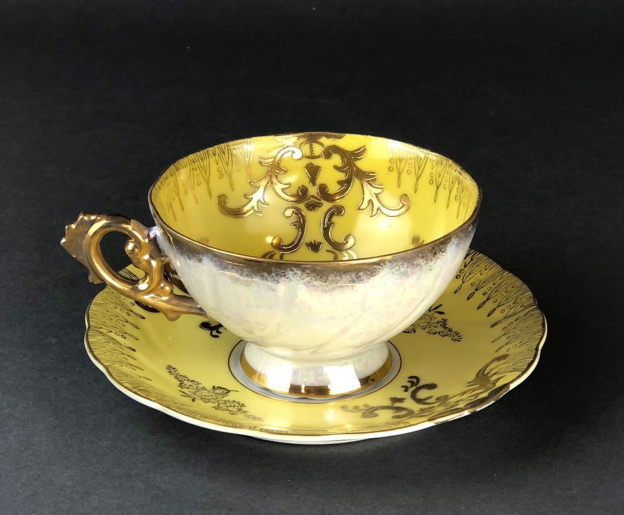 Vintage Royal Sealy Japan Lusterware Teacup and Saucer - Yellow & Gold Iridescent MCM - Overture Gifts