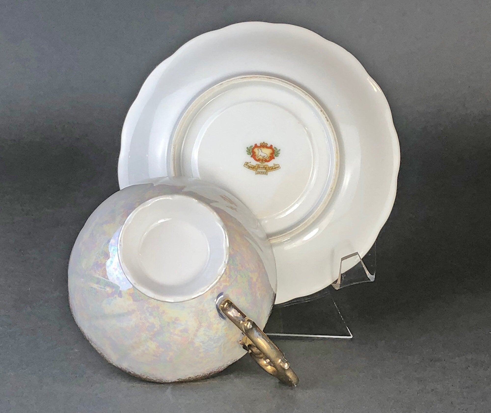 Vintage Royal Sealy Japan Lusterware Teacup and Saucer - Yellow & Gold Iridescent MCM - Overture Gifts