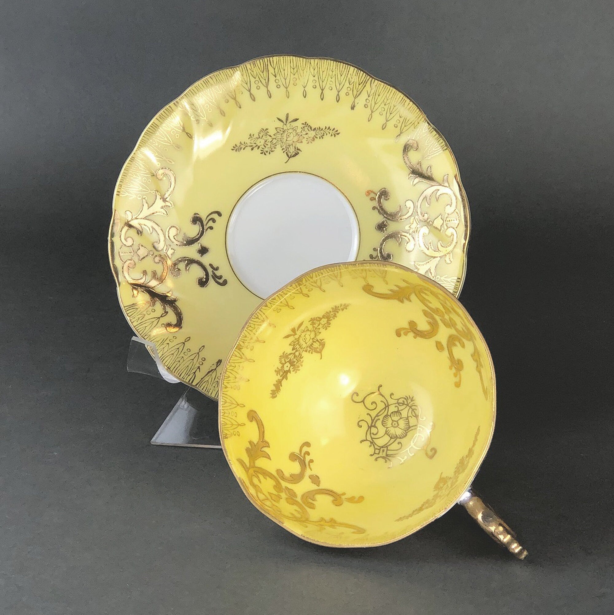 Vintage Royal Sealy Japan Lusterware Teacup and Saucer - Yellow & Gold Iridescent MCM - Overture Gifts
