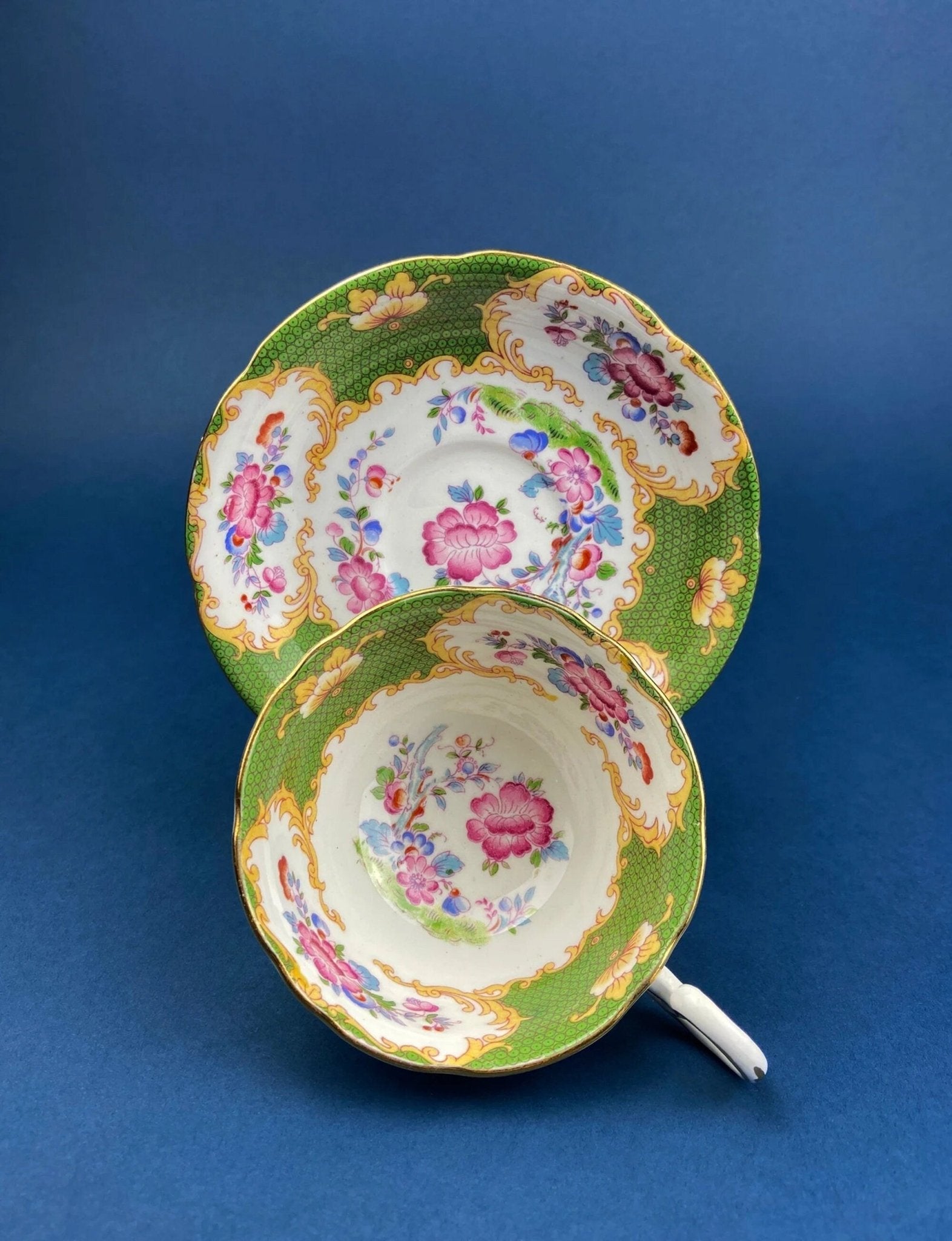 Vintage Staffordshire Tea Trio: Green, Gold, and Pink Porcelain Set - Overture Gifts
