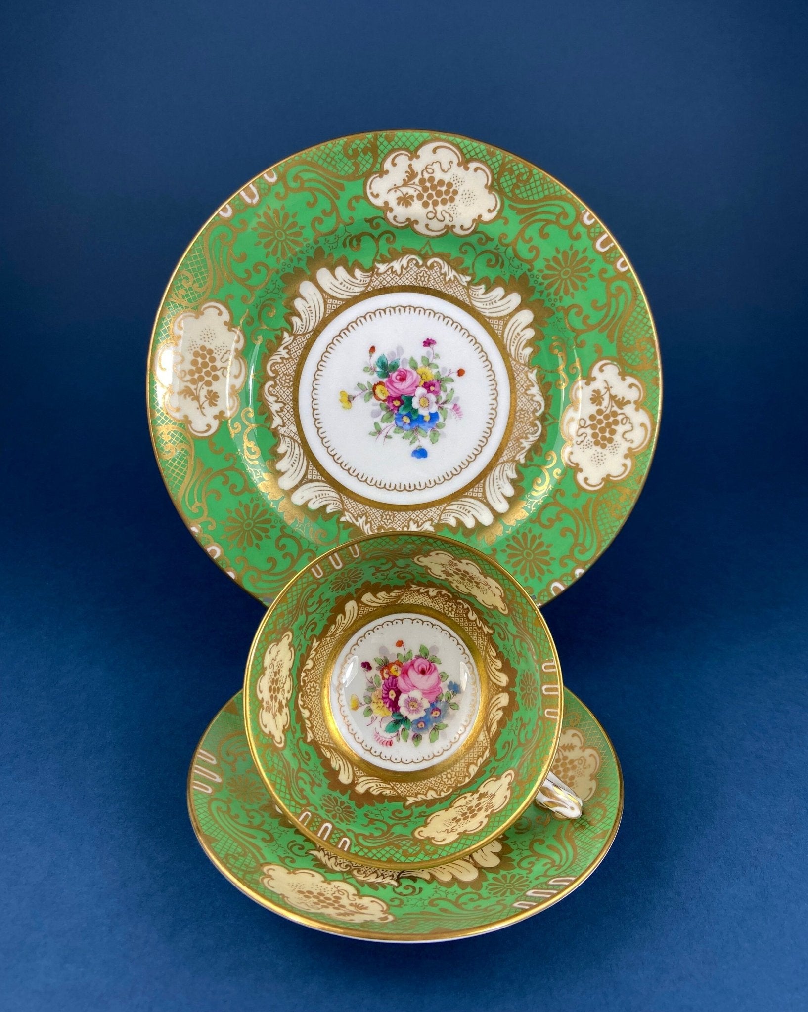 Vintage Staffordshire Tea Trio: Green, Gold, and Pink Porcelain Set - Overture Gifts