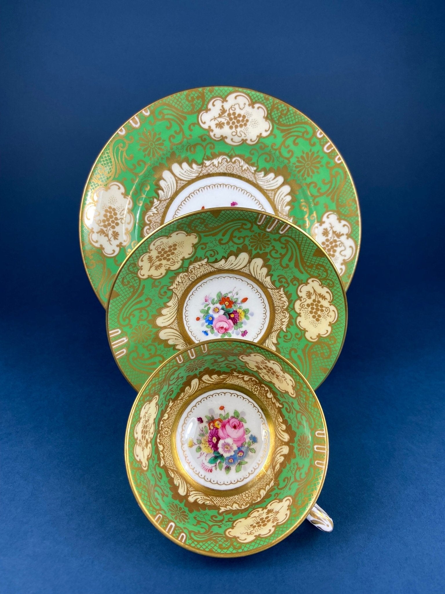Vintage Staffordshire Tea Trio: Green, Gold, and Pink Porcelain Set - Overture Gifts