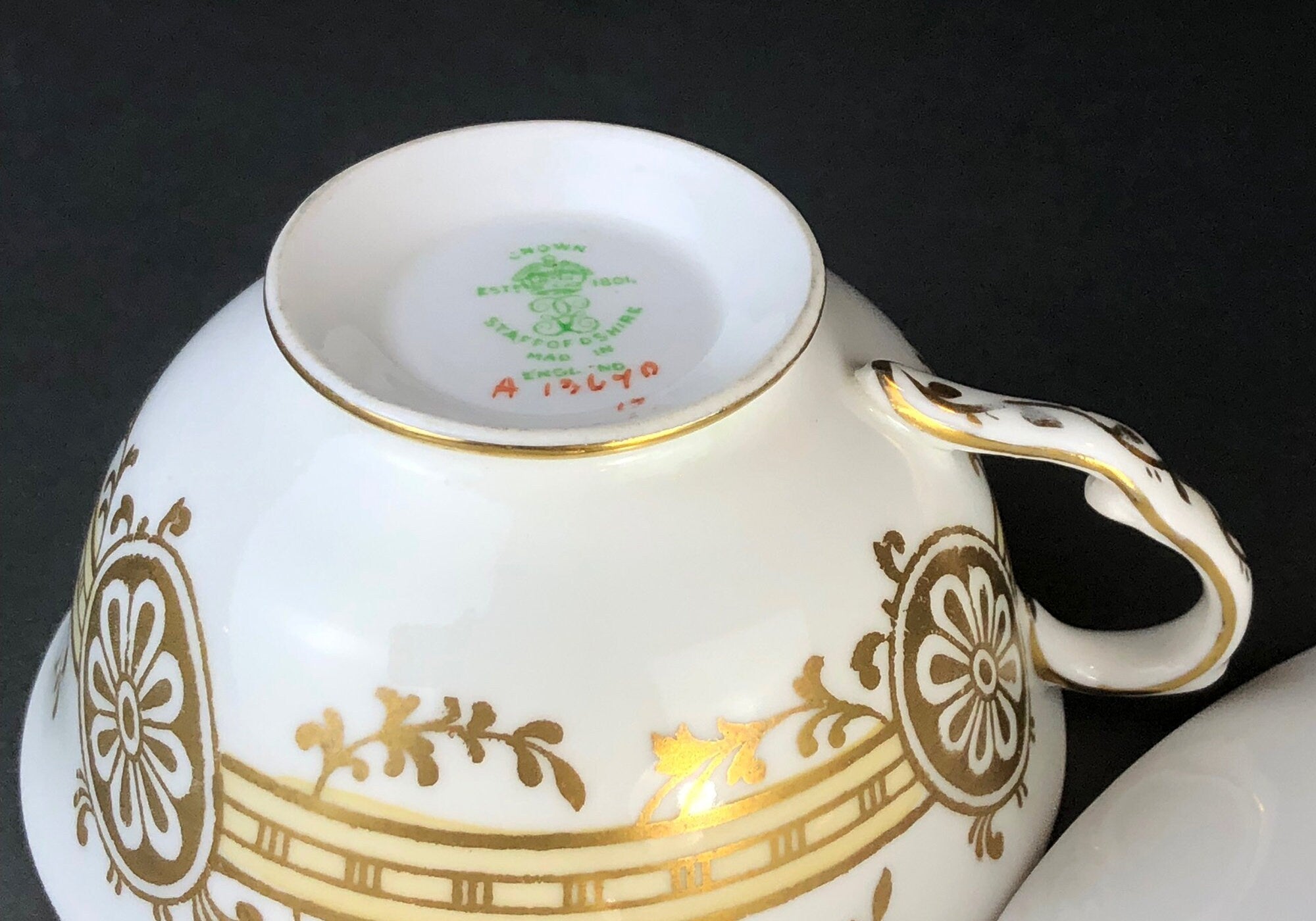 Vintage Staffordshire Tea Trio: Green, Gold, and Pink Porcelain Set - Overture Gifts