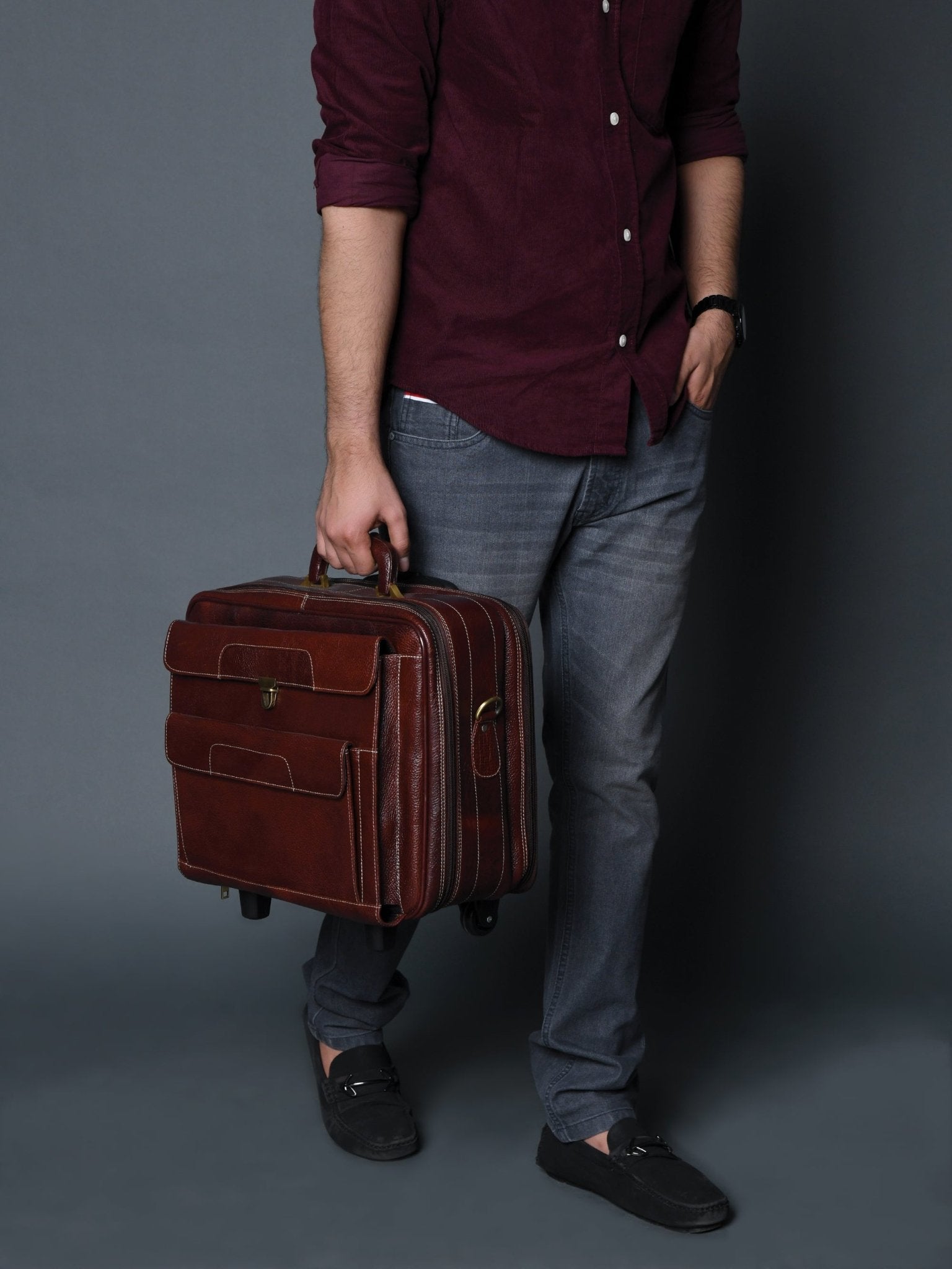 Wanderer Leather Trolly Suitcase Bag - Overture Gifts